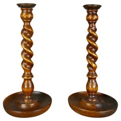 A Pair Of 19th Century Barley Twist Oak & Brass Candlestick