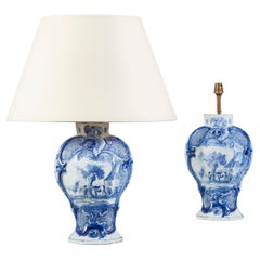 Antique Pair of 19th Century Blue and White Delft Lamps