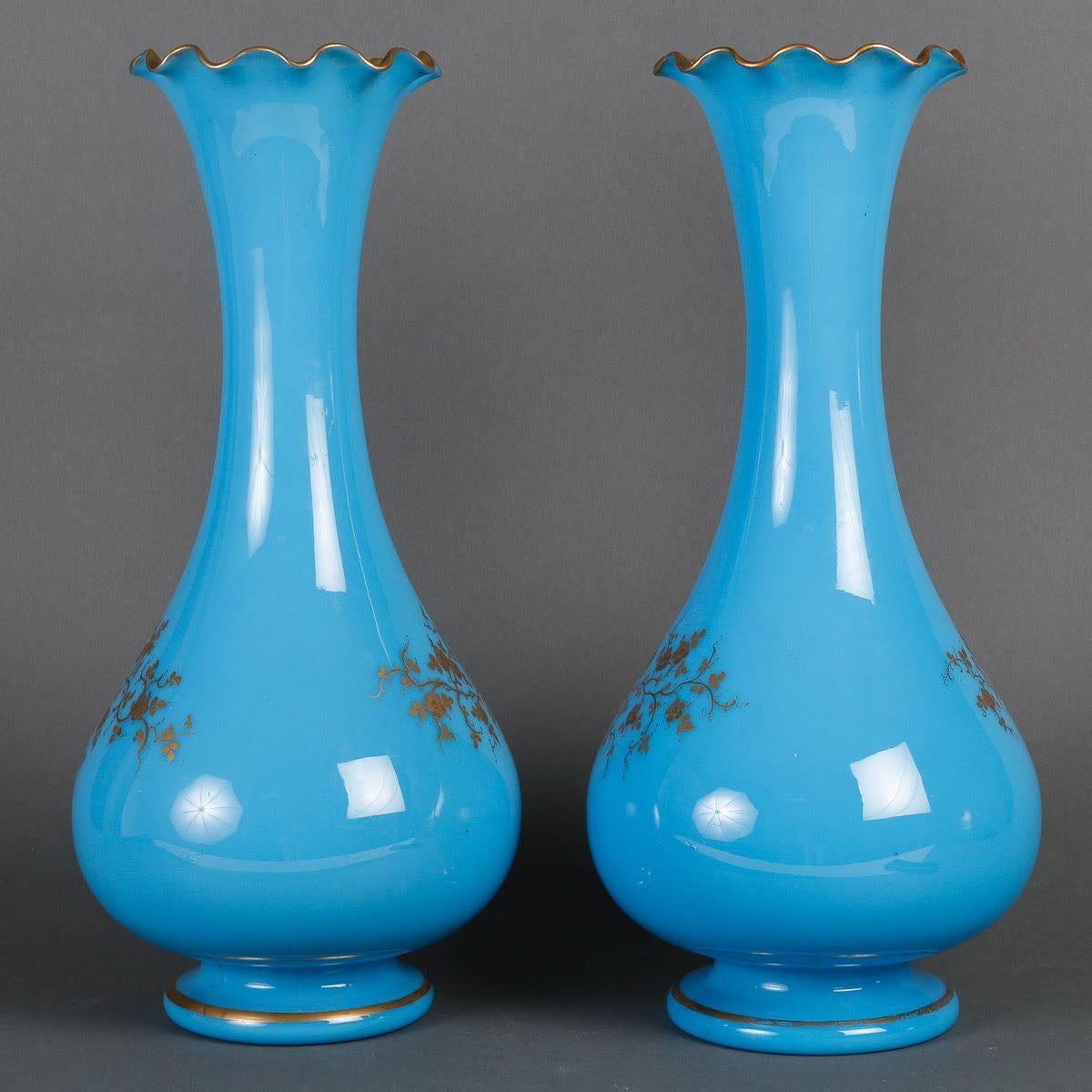 French A Pair of 19th Century Blue Opaline Vases. For Sale