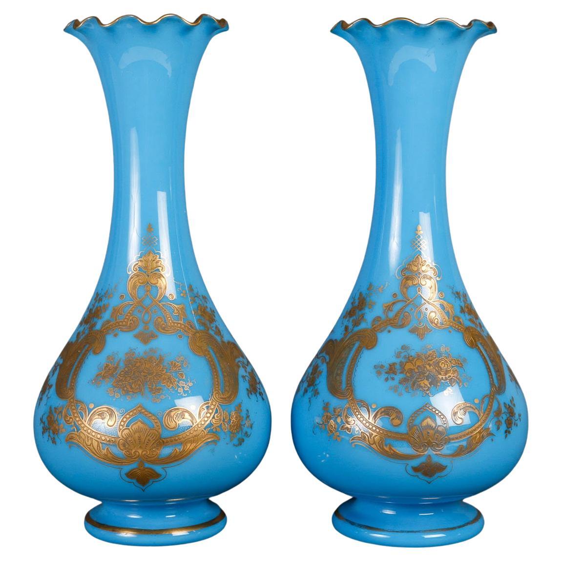 A Pair of 19th Century Blue Opaline Vases. For Sale