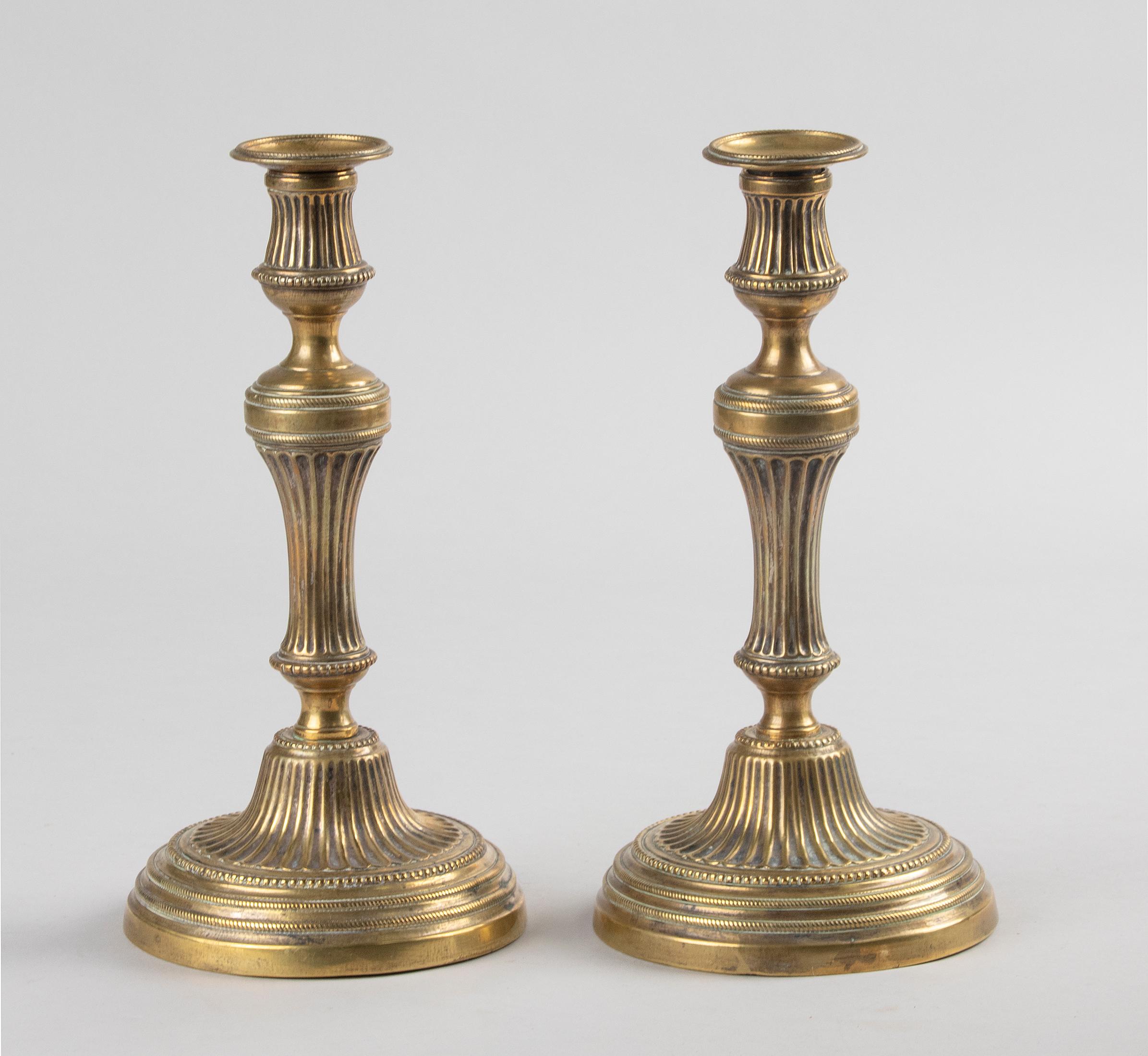 French Pair of 19th Century Brass Candlesticks Louis XVI Style
