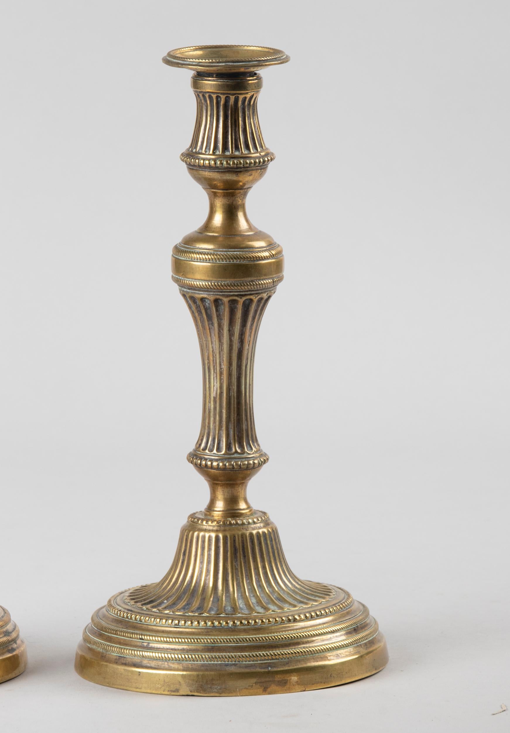 Cast Pair of 19th Century Brass Candlesticks Louis XVI Style