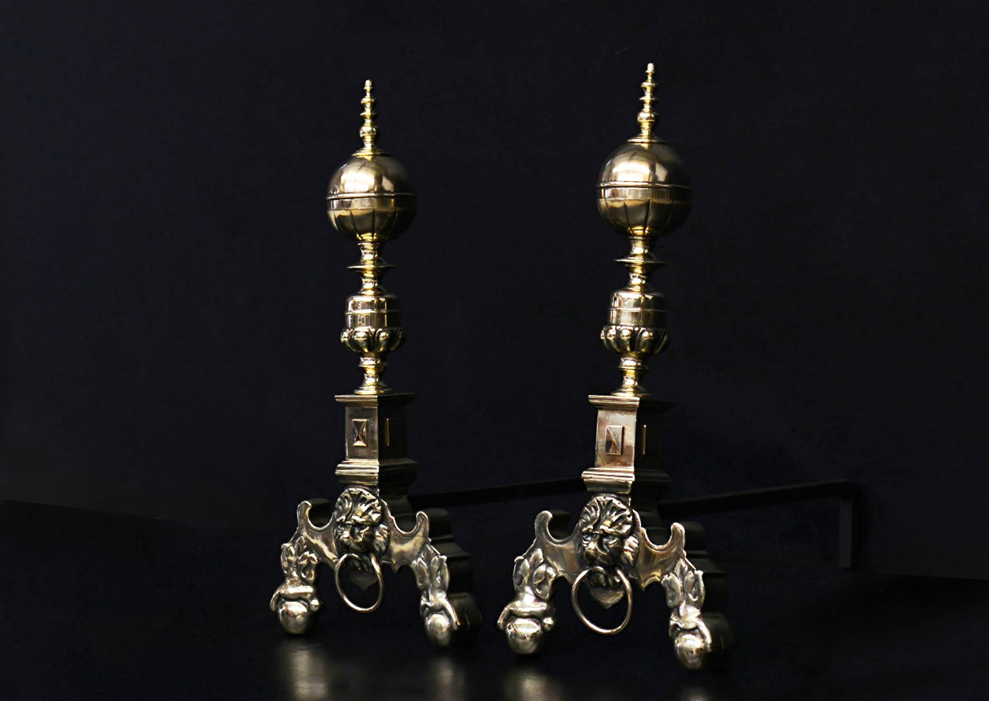 Pair of 19th Century Brass Firedogs In Good Condition In London, GB