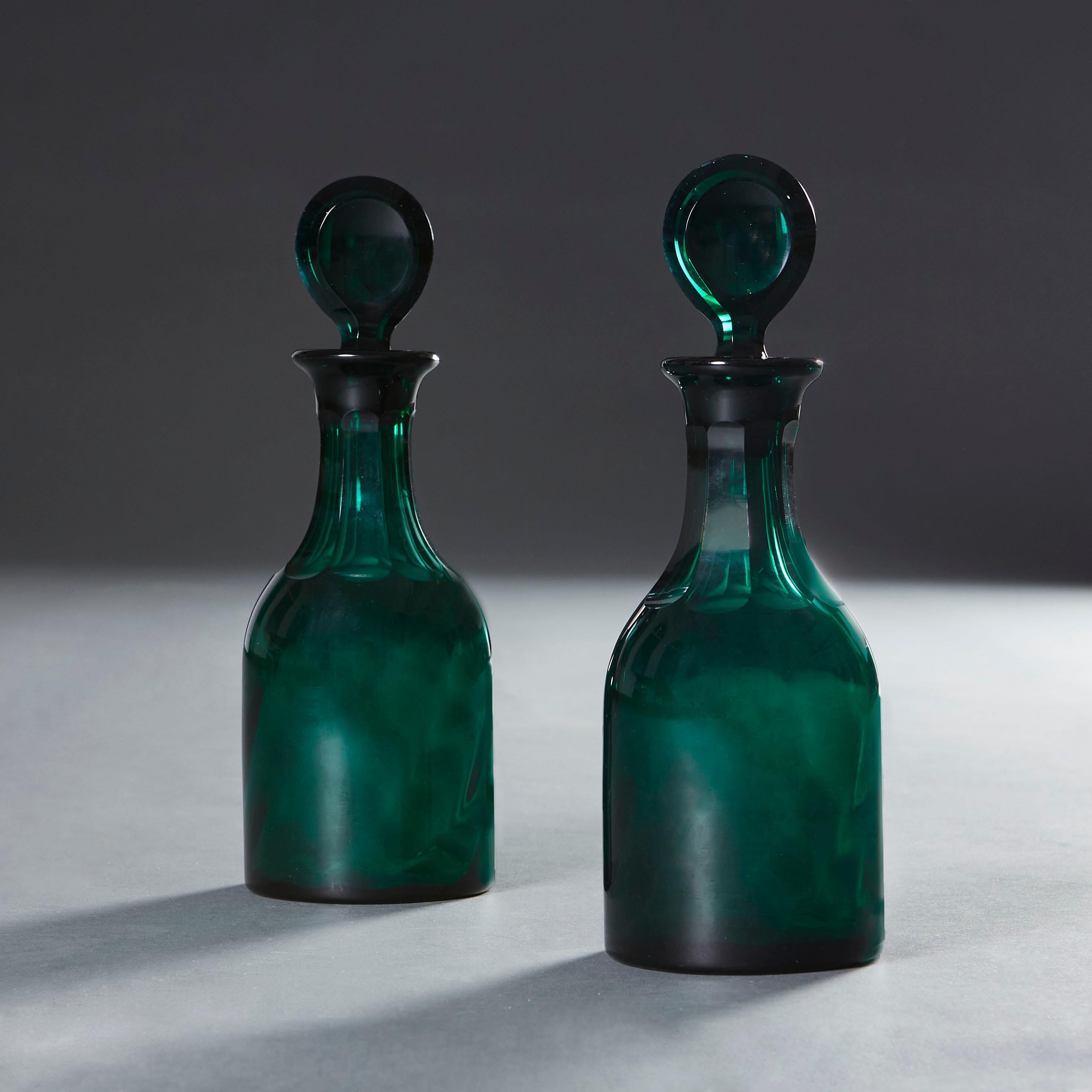 English Pair of 19th Century Bristol Green Glass Decanters For Sale