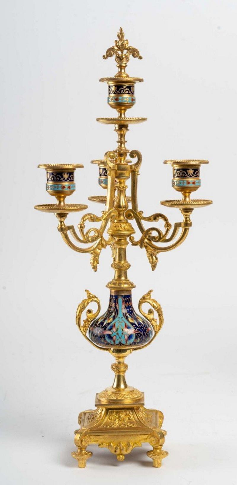Louis XV Pair of 19th Century Bronze and Cloisonne Candelabras