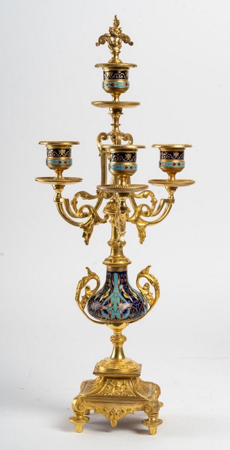 Pair of 19th Century Bronze and Cloisonne Candelabras 4