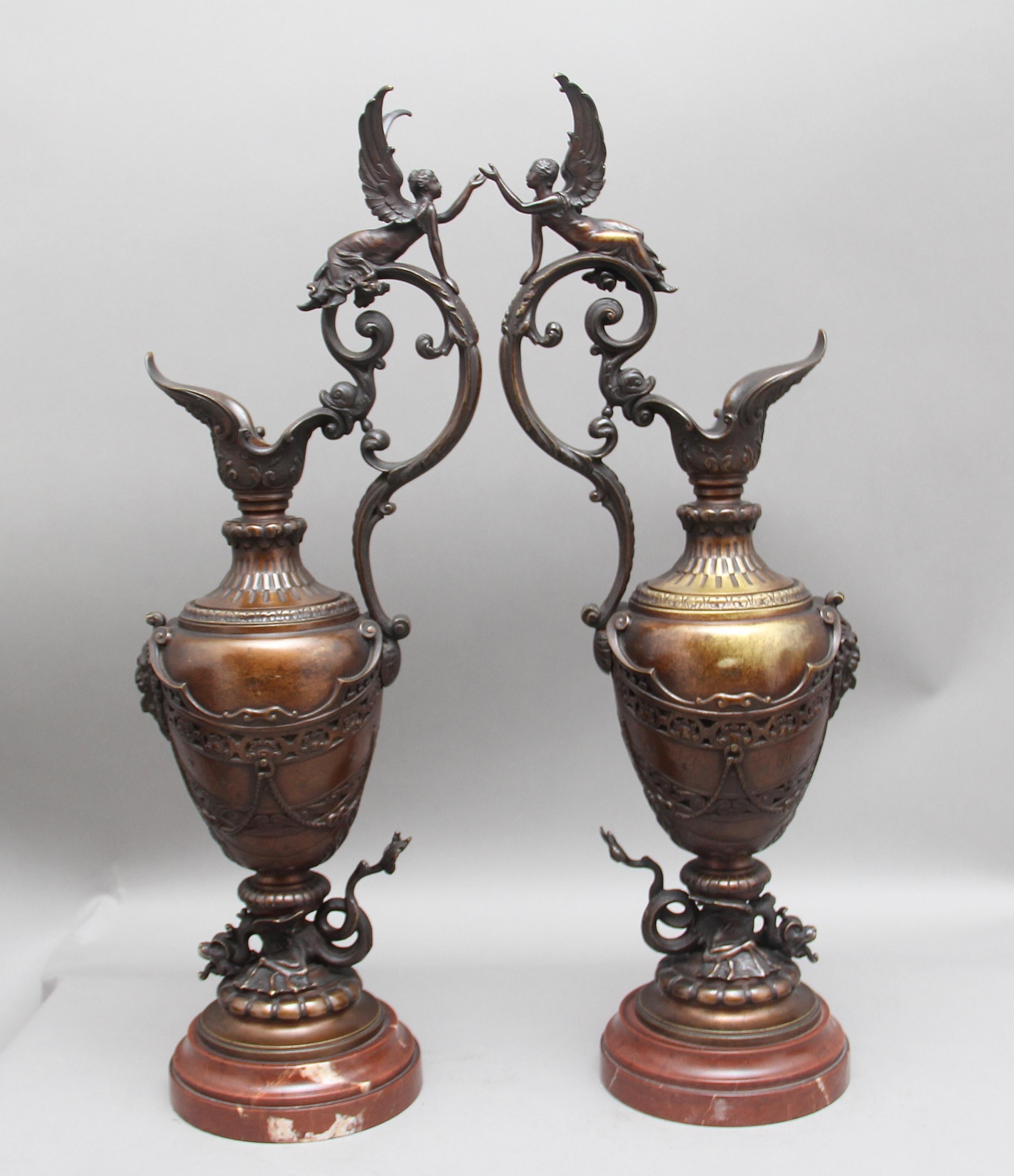 French Pair of 19th Century Bronze and Marble Ewers