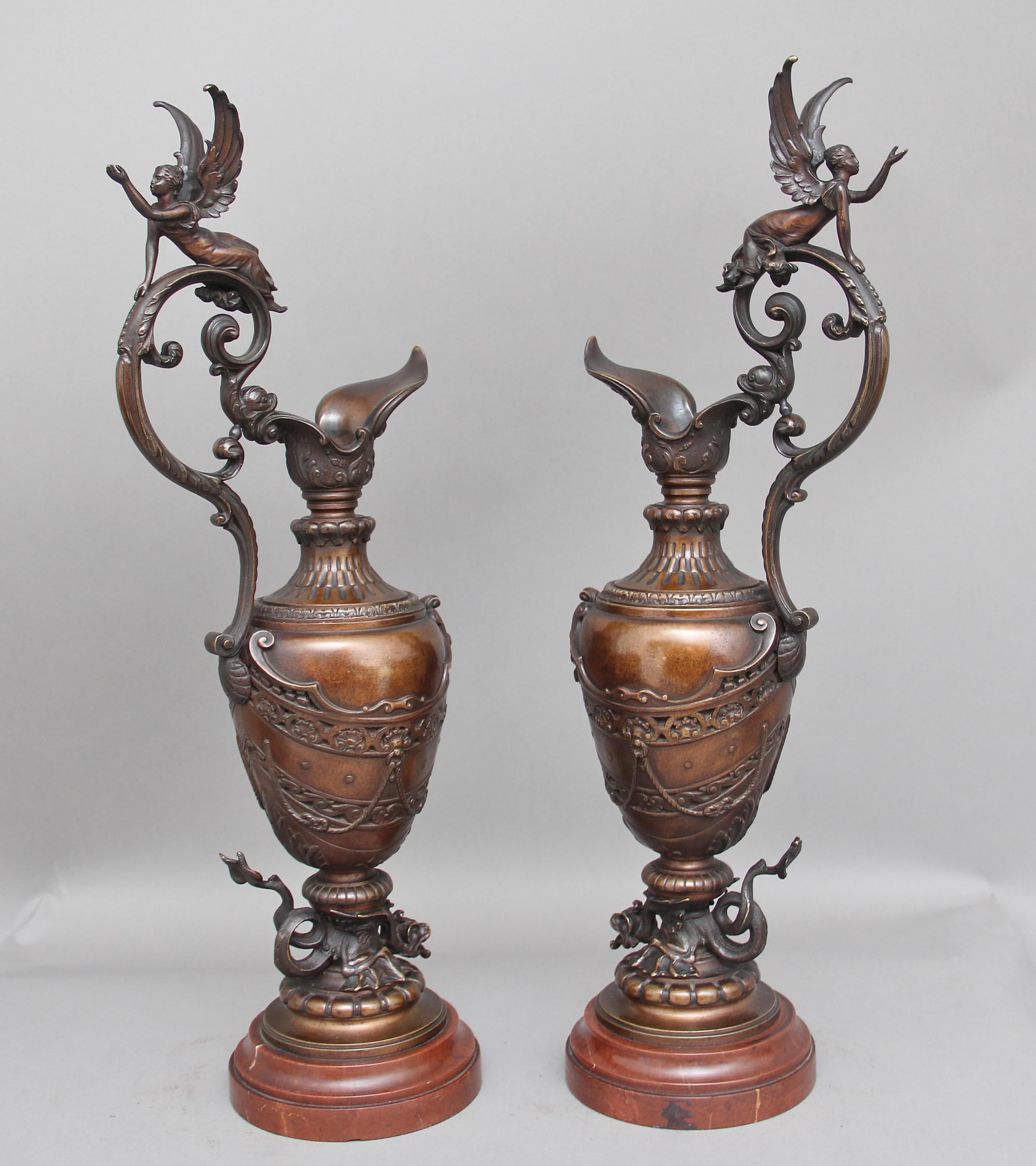 Late 19th Century Pair of 19th Century Bronze and Marble Ewers