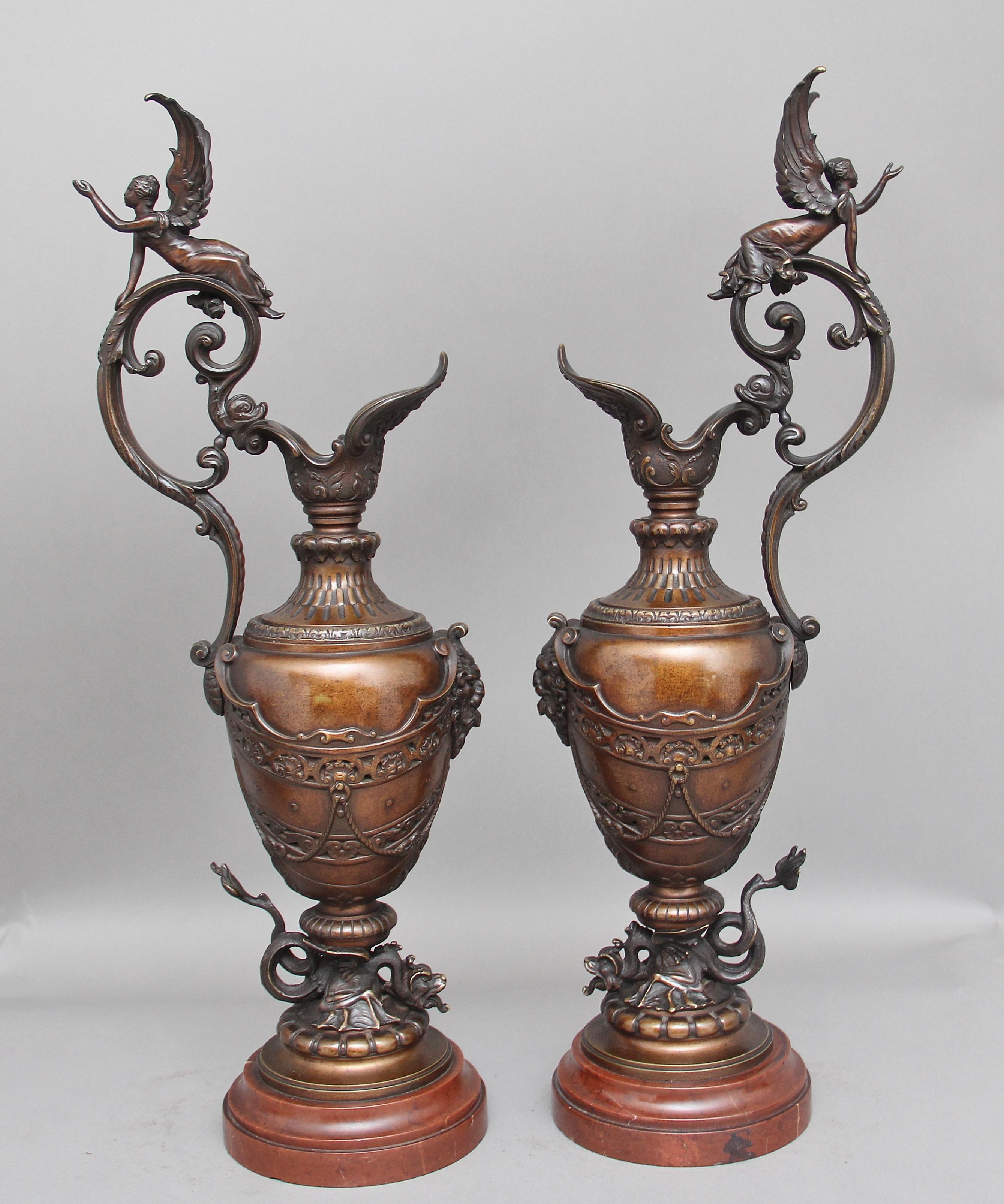 Pair of 19th Century Bronze and Marble Ewers 1