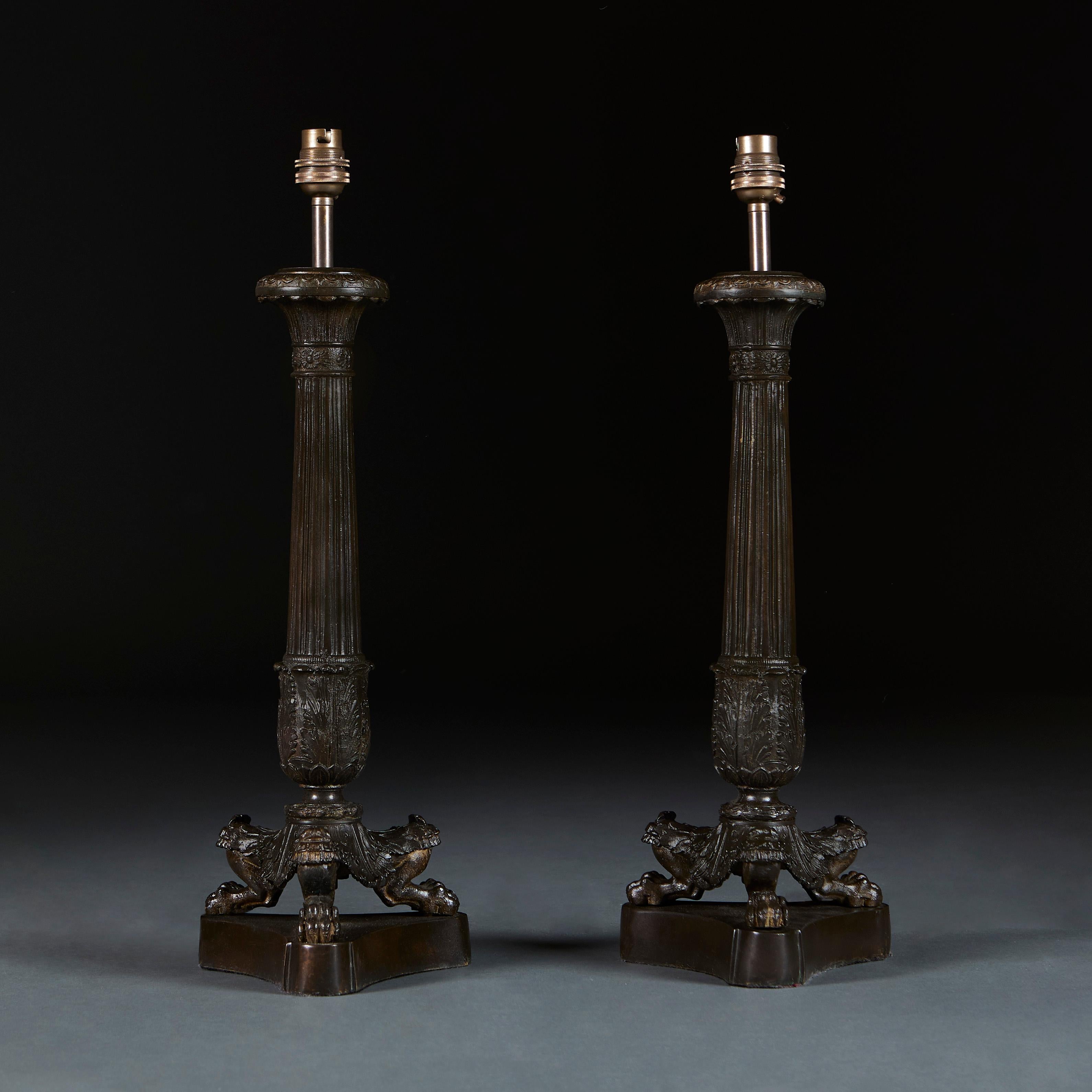 English Pair of 19th Century Bronze Column Lamps