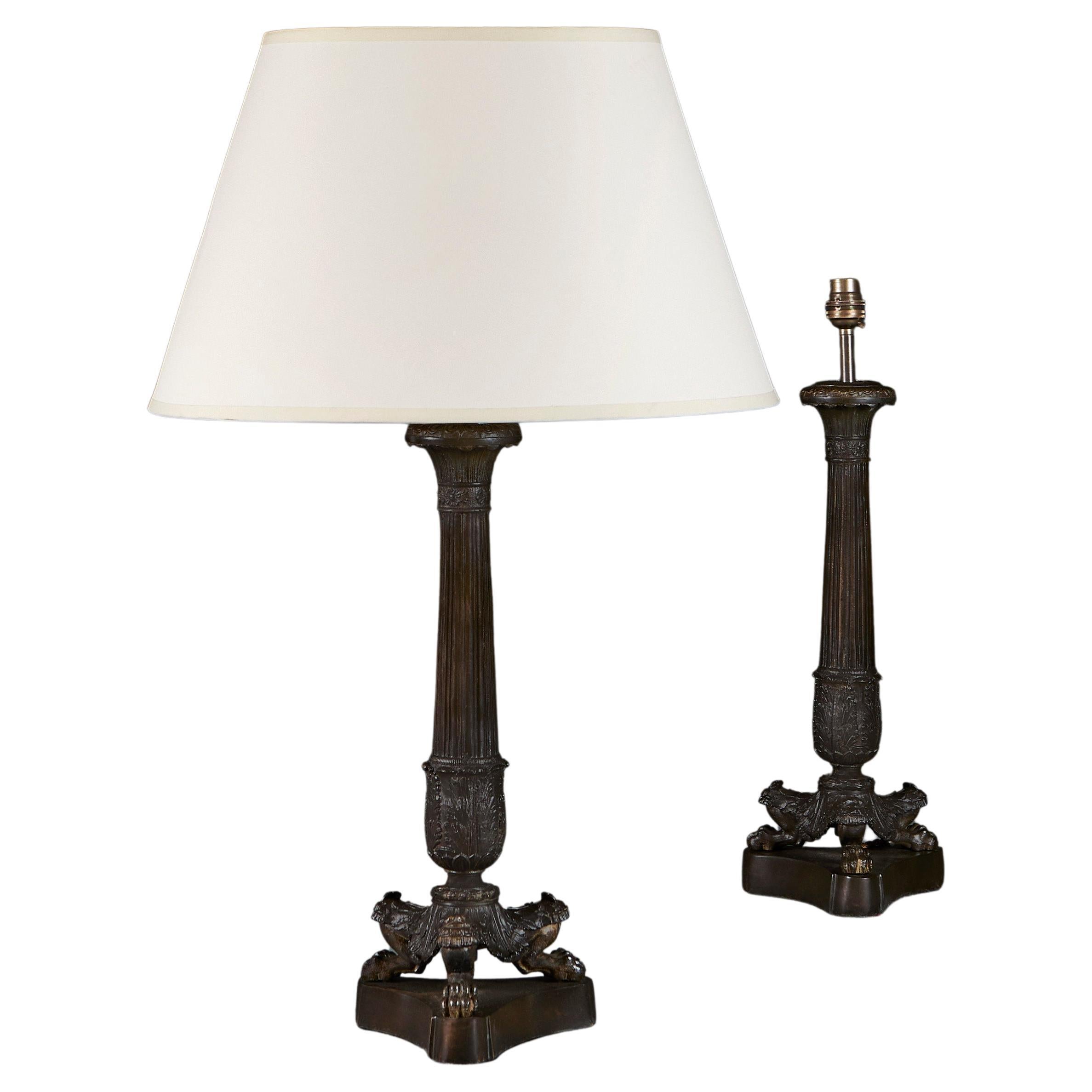 Pair of 19th Century Bronze Column Lamps