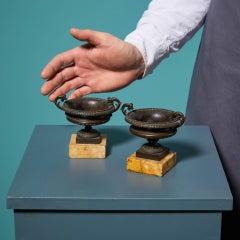 A Pair Of 19th Century Bronze Tazza Urns On Sienna Marble Bases