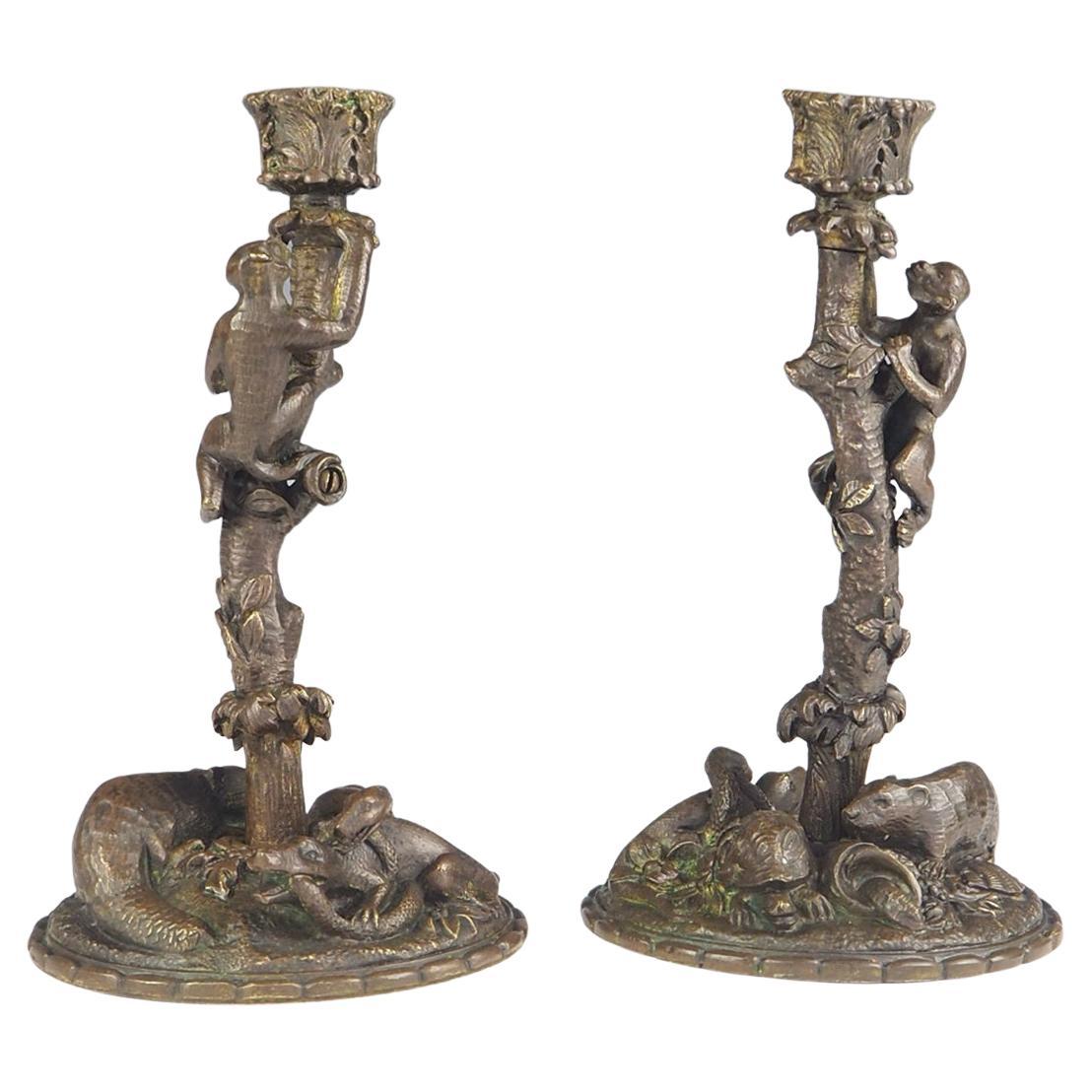Pair of 19th Century Bronze Zoomorphic Candlesticks