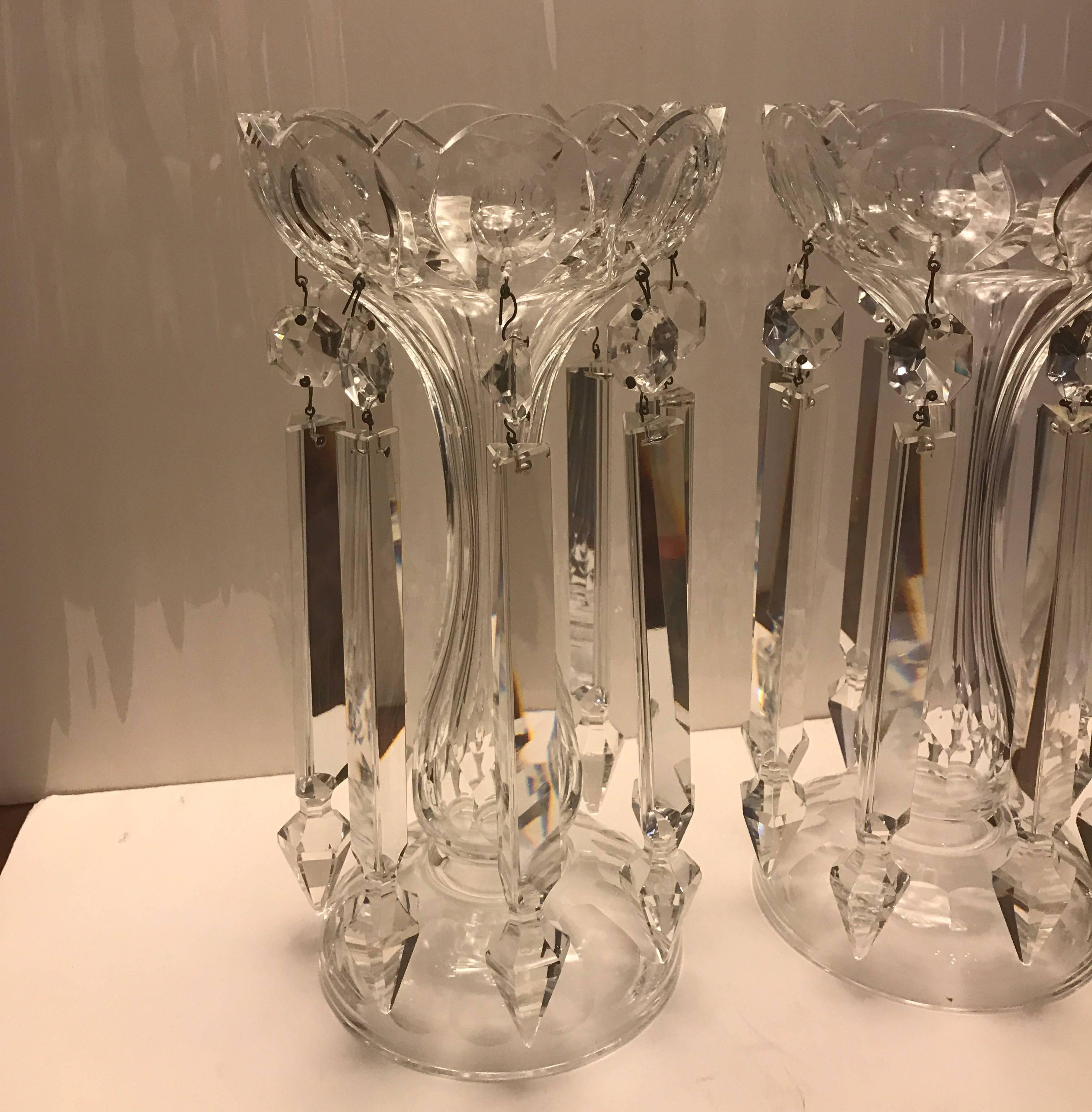 Pair of 19th Century Cut Glass Candlesticks Lusters In Excellent Condition In Lambertville, NJ