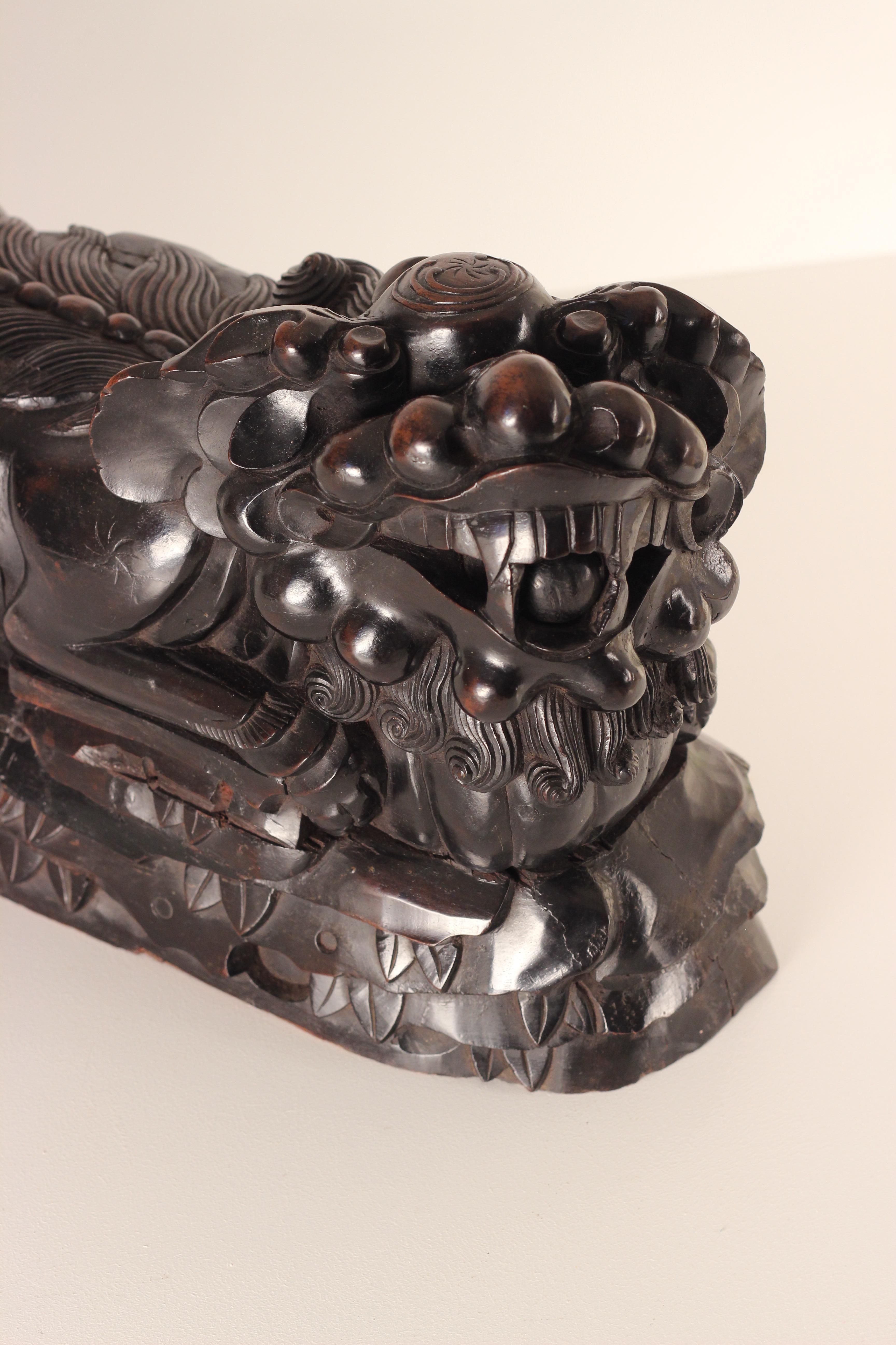 A pair of 19th Century carved Foo temple dogs or Chinese guardian Lions 1