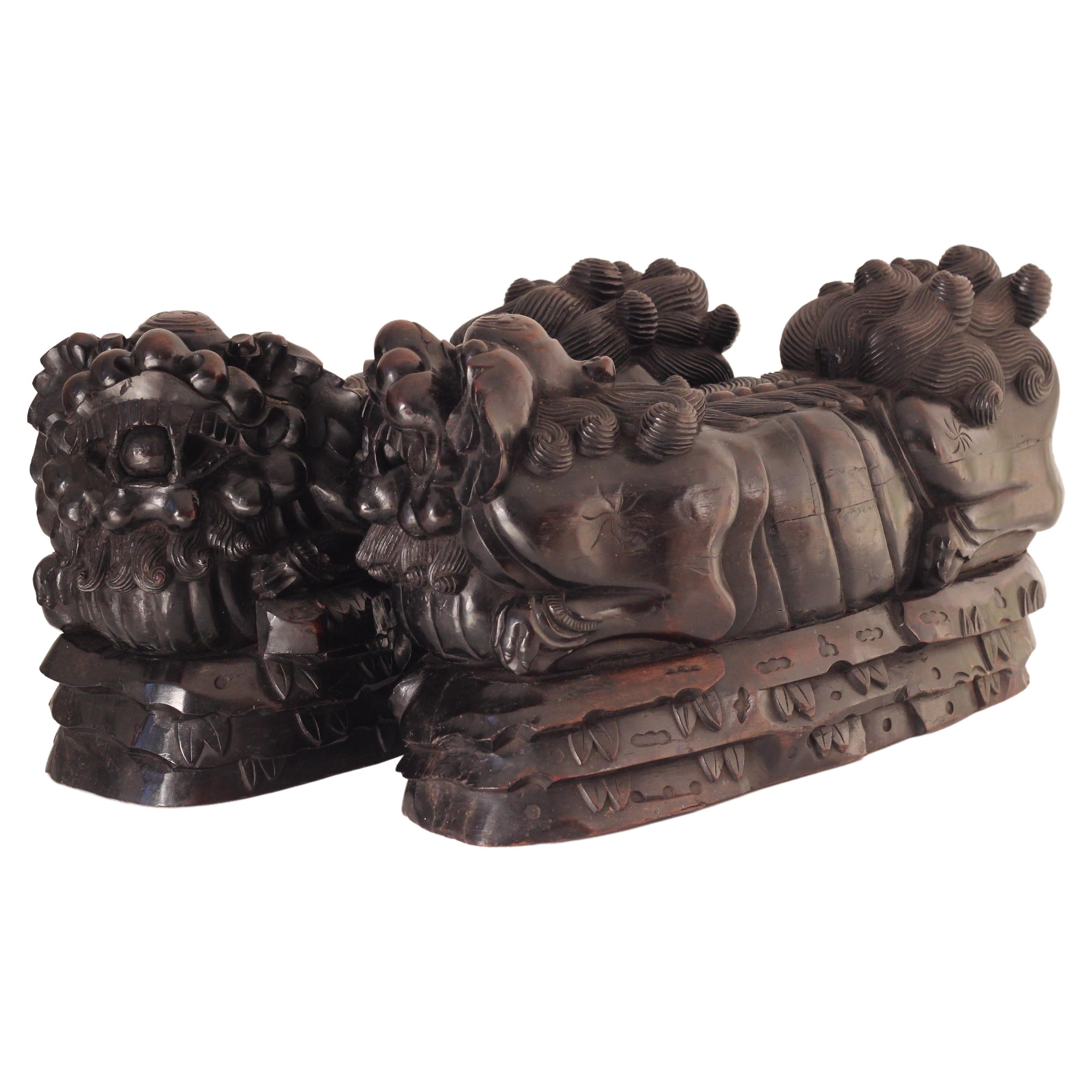 Paar geschnitzte Foo- Tempelhunde oder chinesische Wächter Löwen aus dem 19. Jahrhundert