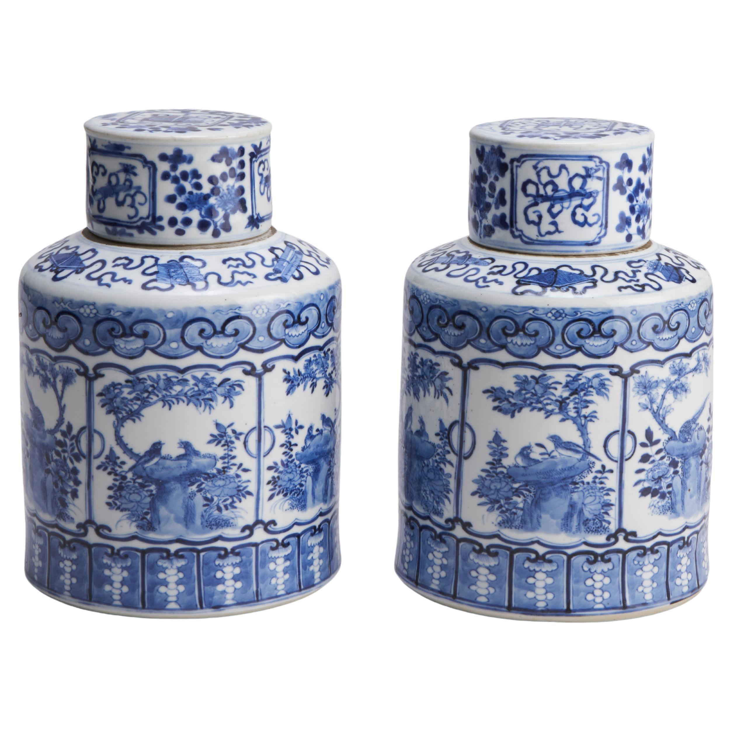 Paar chinesische blau-weiße und blau-weiße Deckelgefäße aus dem 19. Jahrhundert 