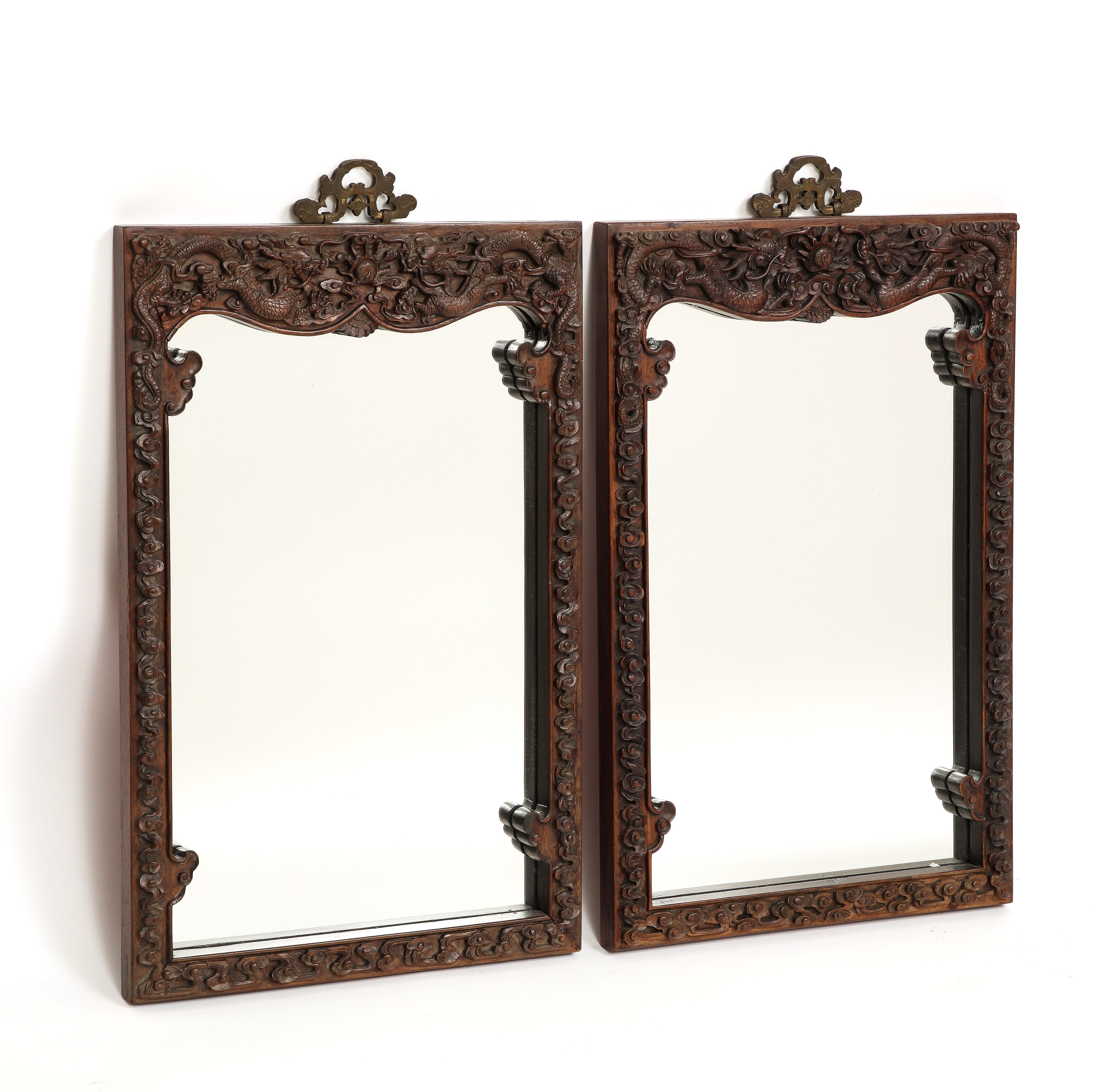 Qing Pair of 19th Century Chinese Hardwood Hand-Carved 5-Claw Dragon Mirrors For Sale