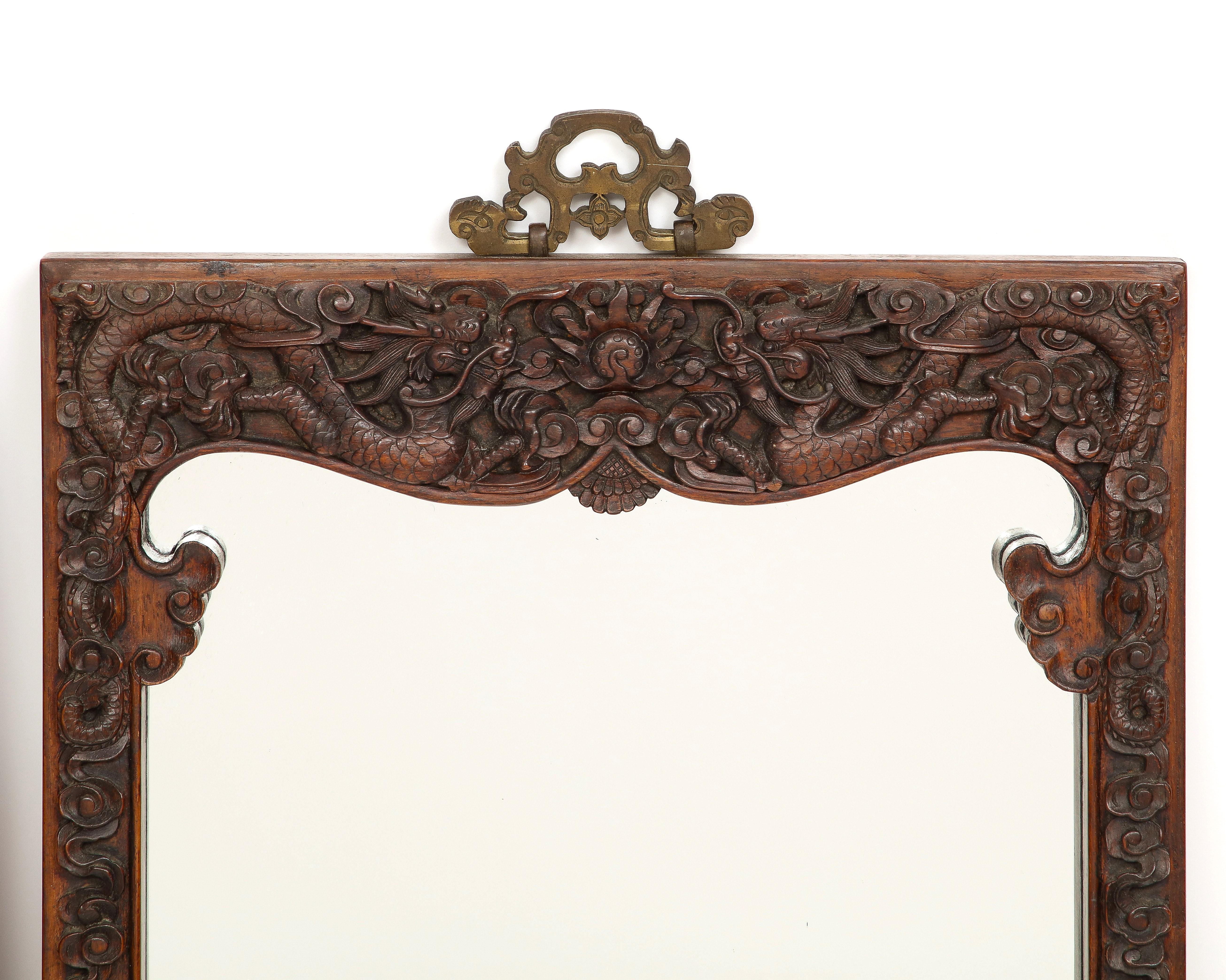 Pair of 19th Century Chinese Hardwood Hand-Carved 5-Claw Dragon Mirrors In Good Condition For Sale In New York, NY