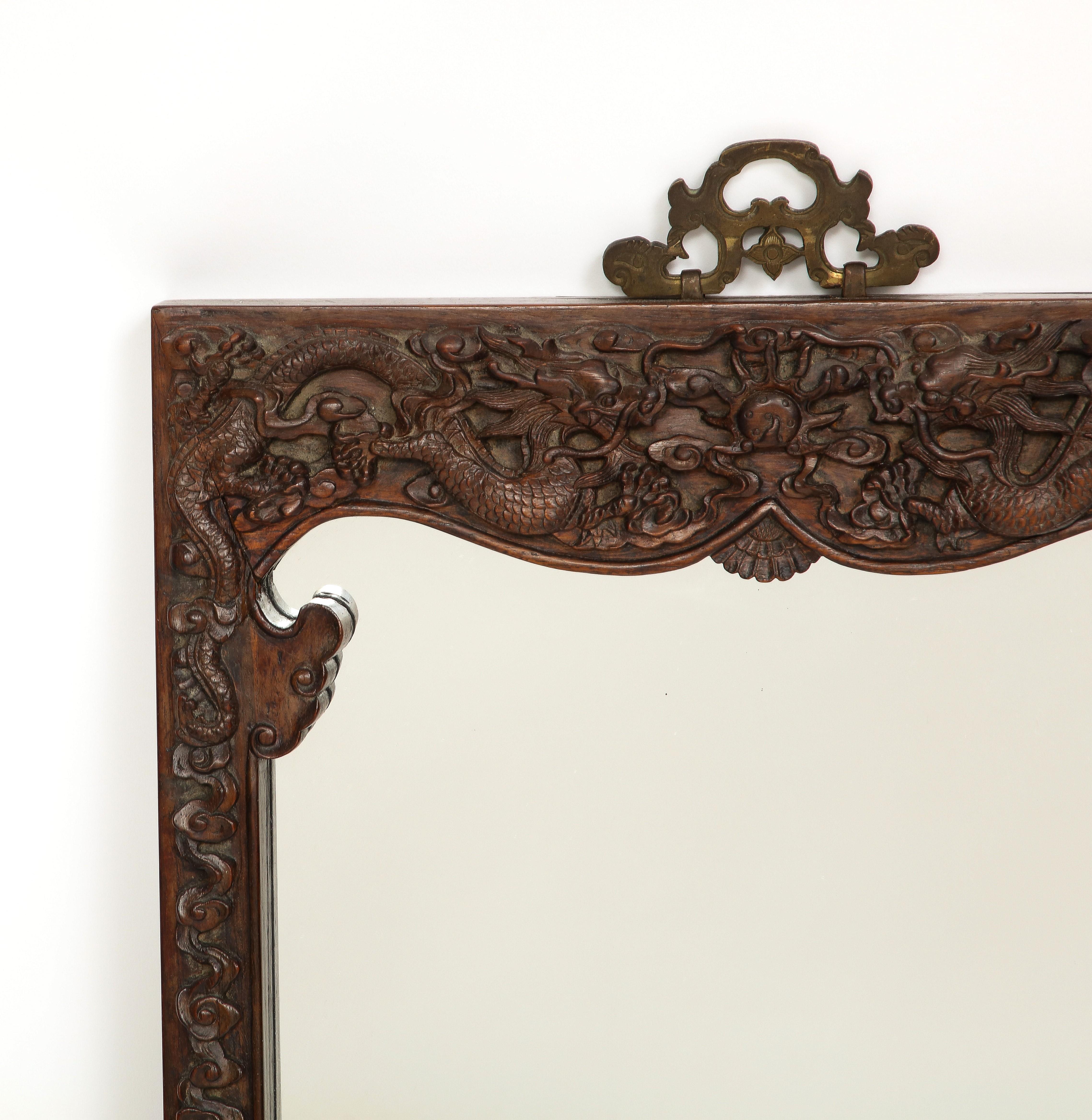 Bronze Pair of 19th Century Chinese Hardwood Hand-Carved 5-Claw Dragon Mirrors For Sale