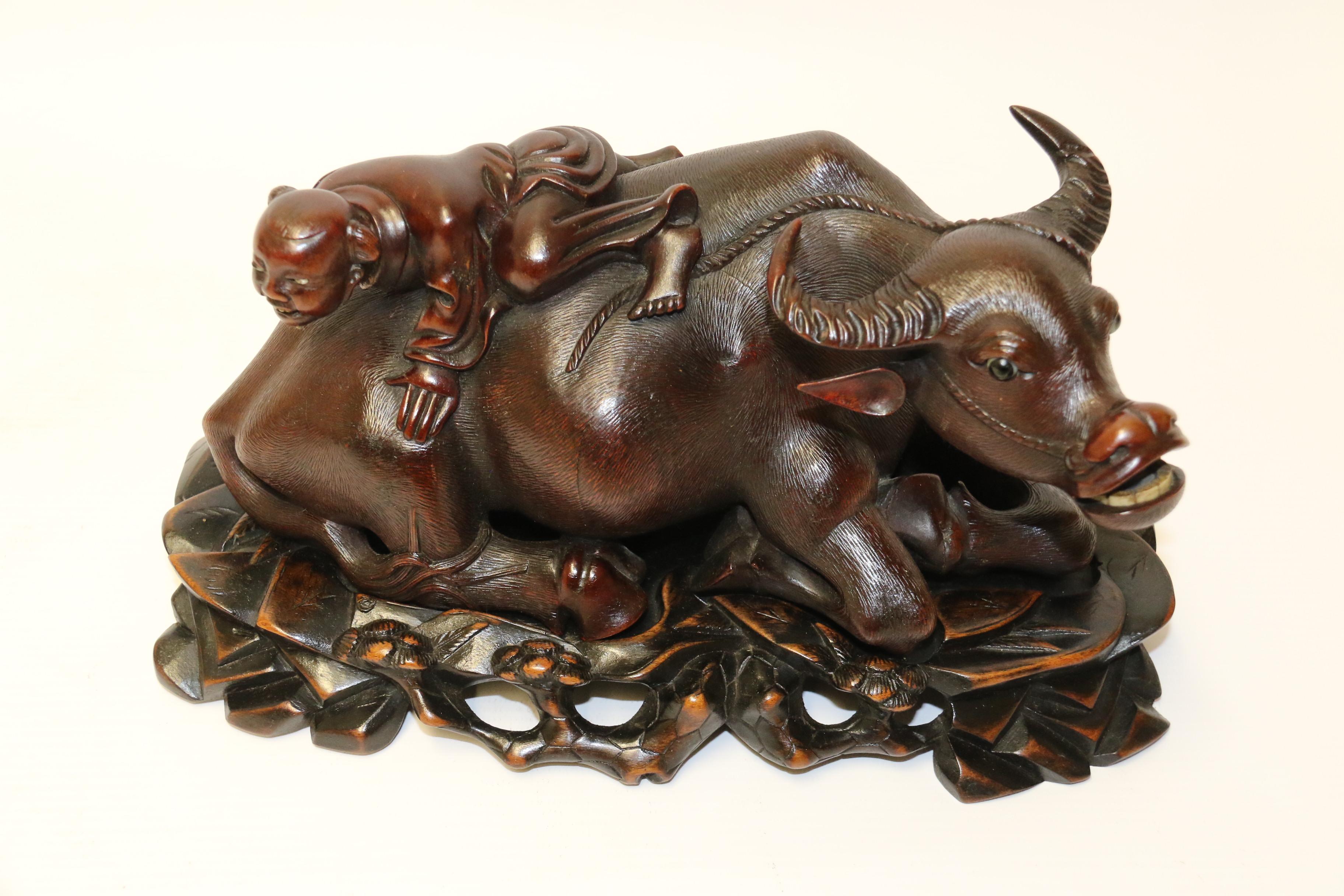 Pair of 19th Century Chinese Hardwood Water Buffalo on Stands, circa 1880 For Sale 7