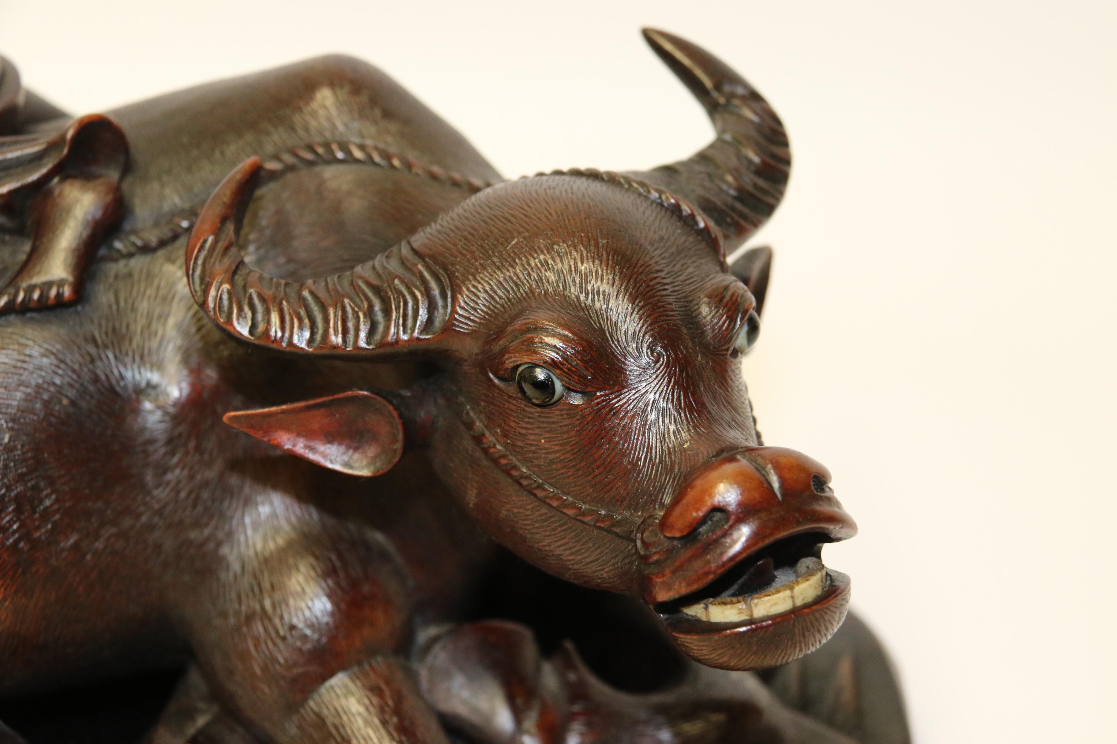 Pair of 19th Century Chinese Hardwood Water Buffalo on Stands, circa 1880 For Sale 8