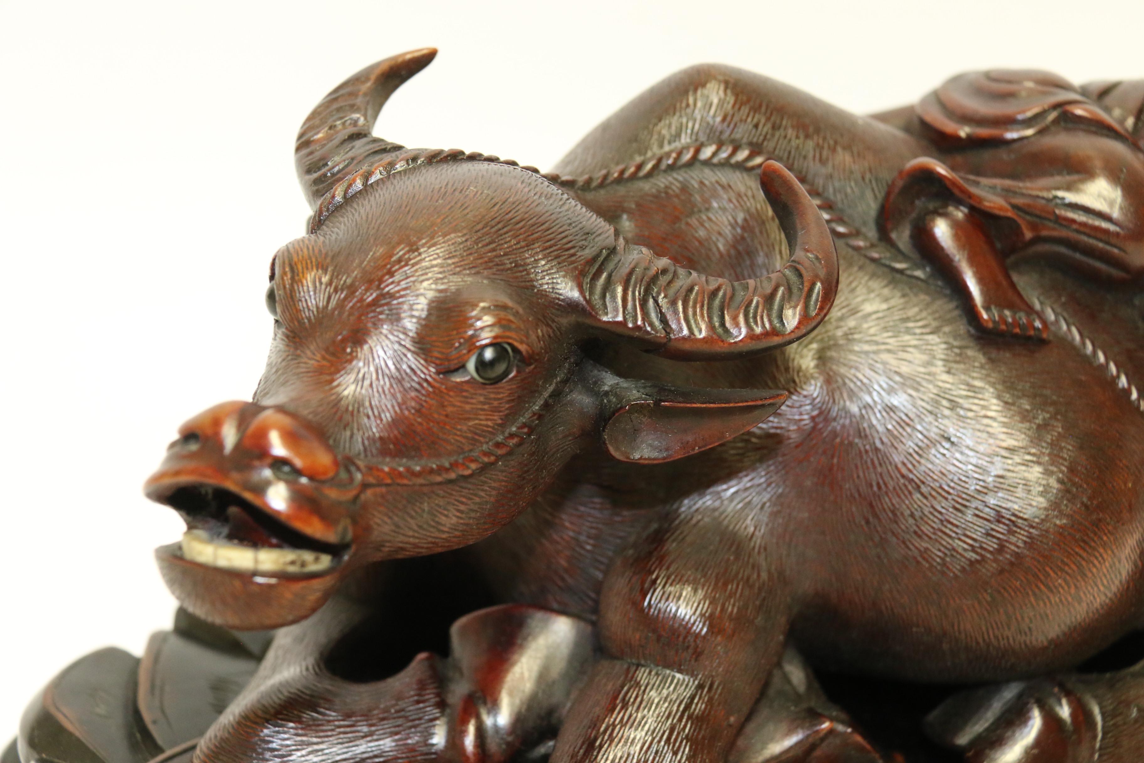 Pair of 19th Century Chinese Hardwood Water Buffalo on Stands, circa 1880 For Sale 2