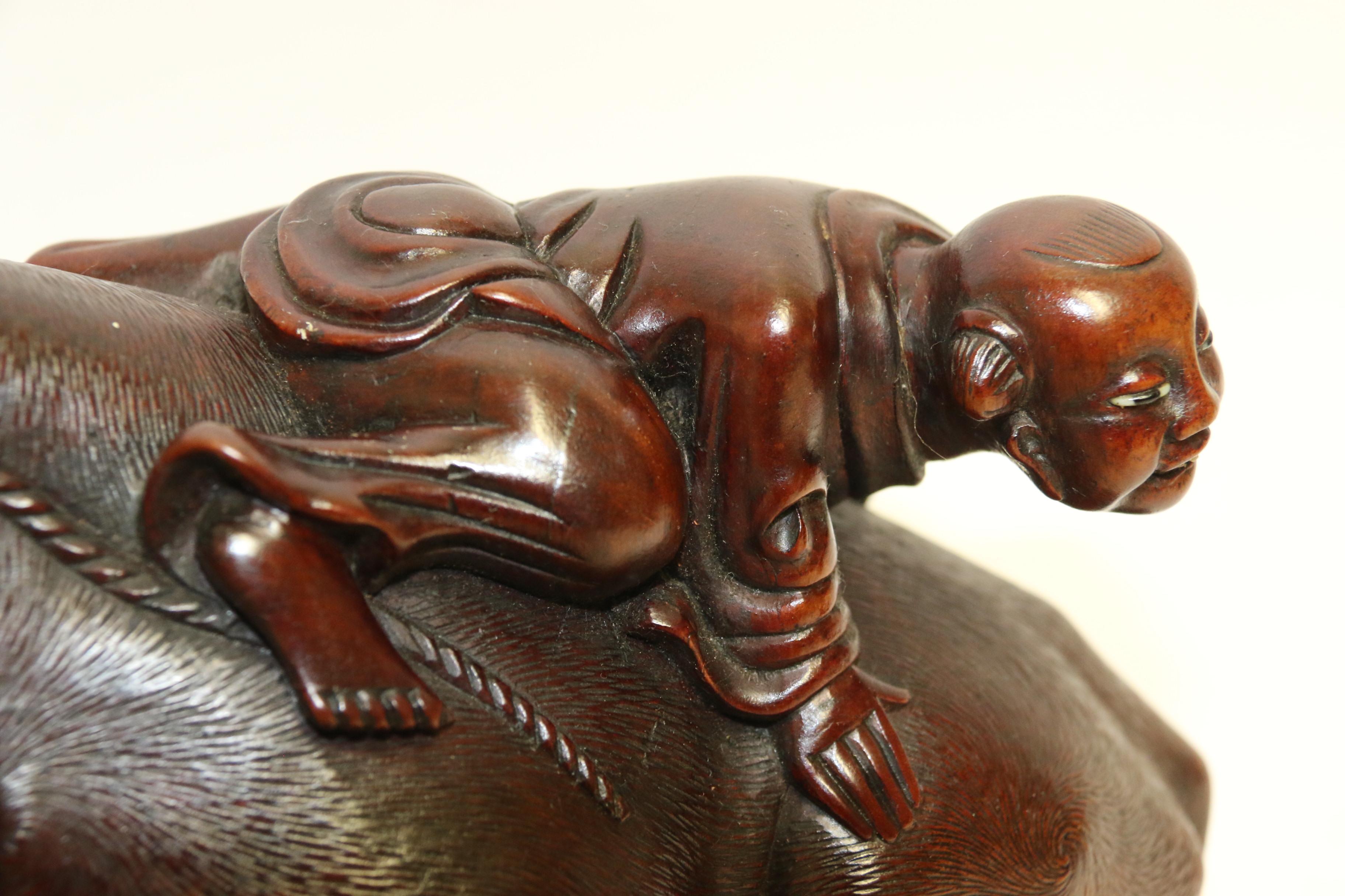 Pair of 19th Century Chinese Hardwood Water Buffalo on Stands, circa 1880 For Sale 3