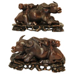 Pair of 19th Century Chinese Hardwood Water Buffalo on Stands, circa 1880