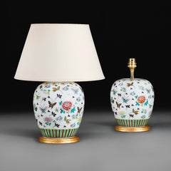 A Pair of 19th Century Chinese Porcelain Butterfly Jars as Lamps