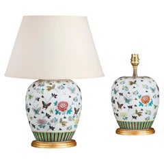 A Pair of 19th Century Chinese Porcelain Butterfly Jars as Lamps