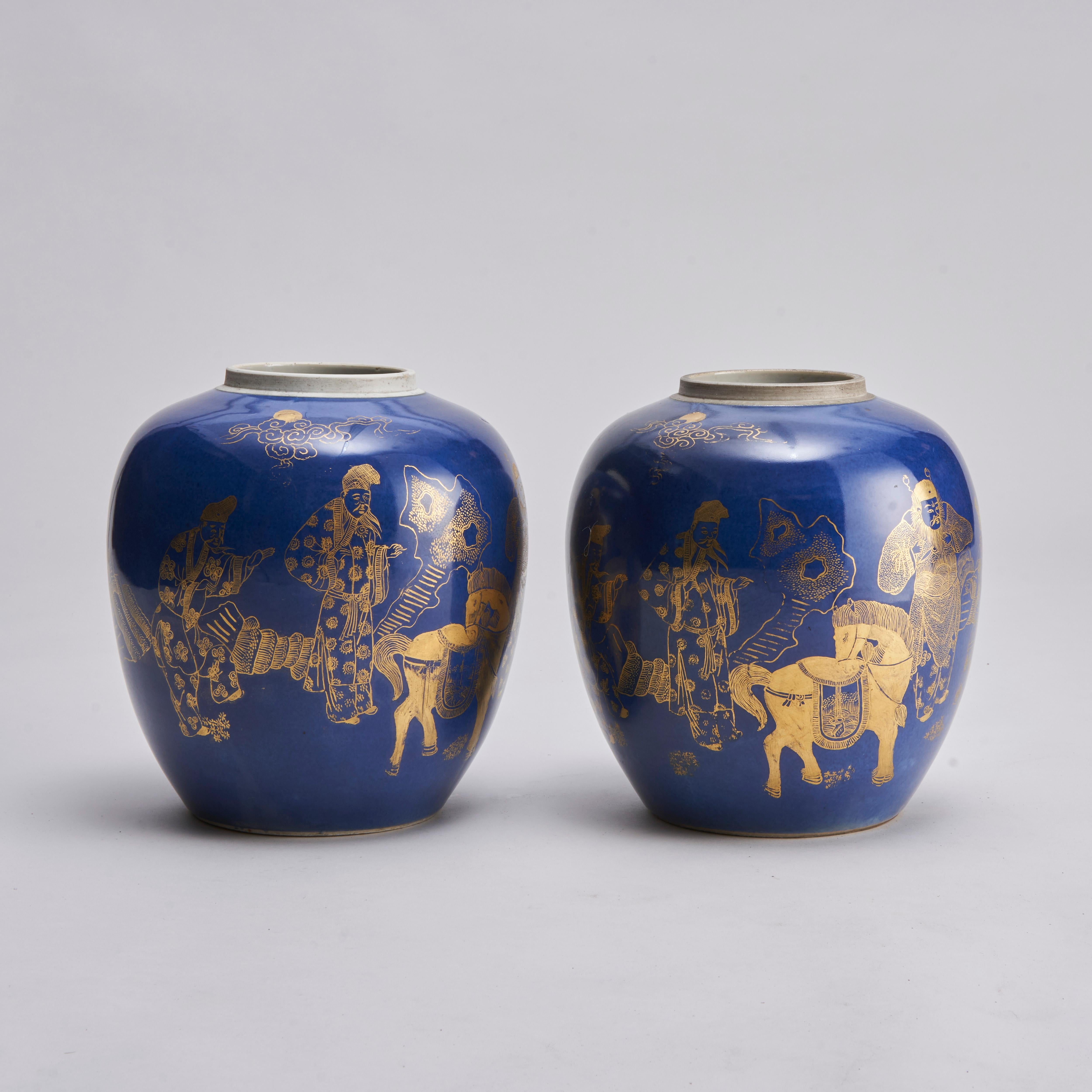 Porcelain A pair of 19th Century Chinese powder blue jars with gold decoration depic For Sale
