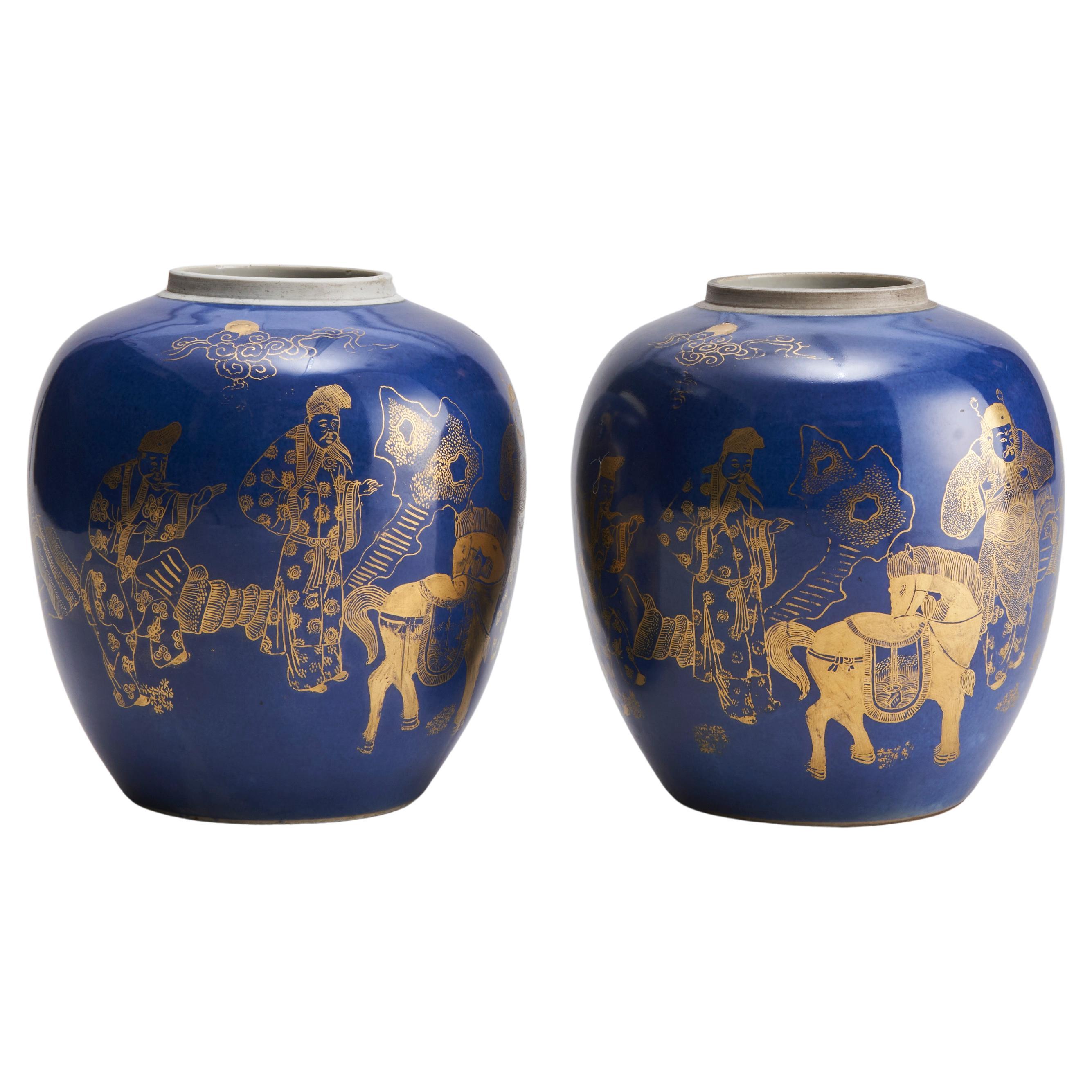 A pair of 19th Century Chinese powder blue jars with gold decoration depic For Sale