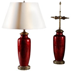 Pair of 19th Century Chinese Red Enamel Table Lamps with Brass Mounts