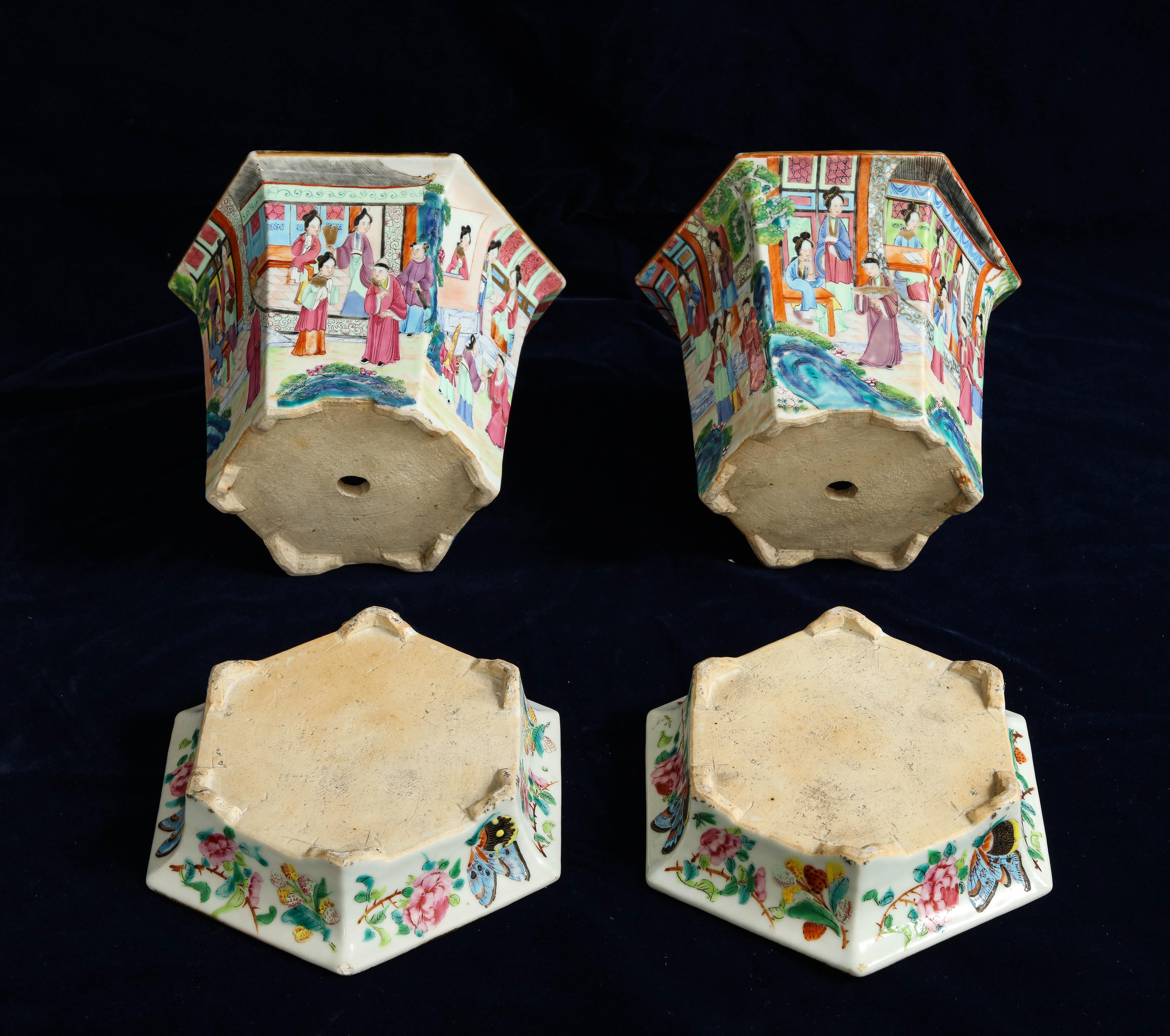 Pair of 19th Century Chinese Rose Medallion Hexagonal Planters with Stands 2