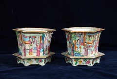 Pair of 19th Century Chinese Rose Medallion Hexagonal Planters with Stands