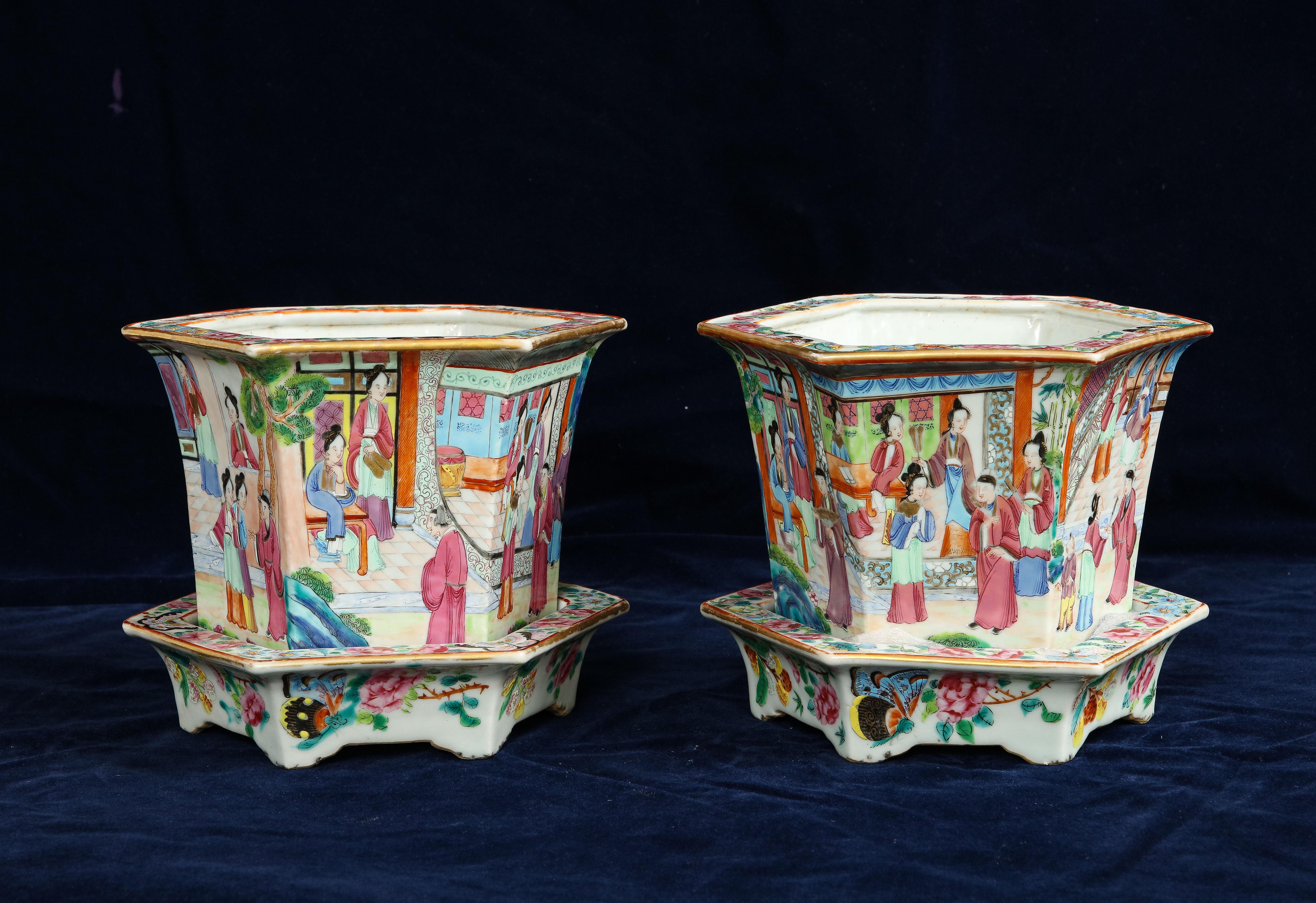Chinese Export Pair of 19th Century Chinese Rose Medallion Hexagonal Planters with Stands