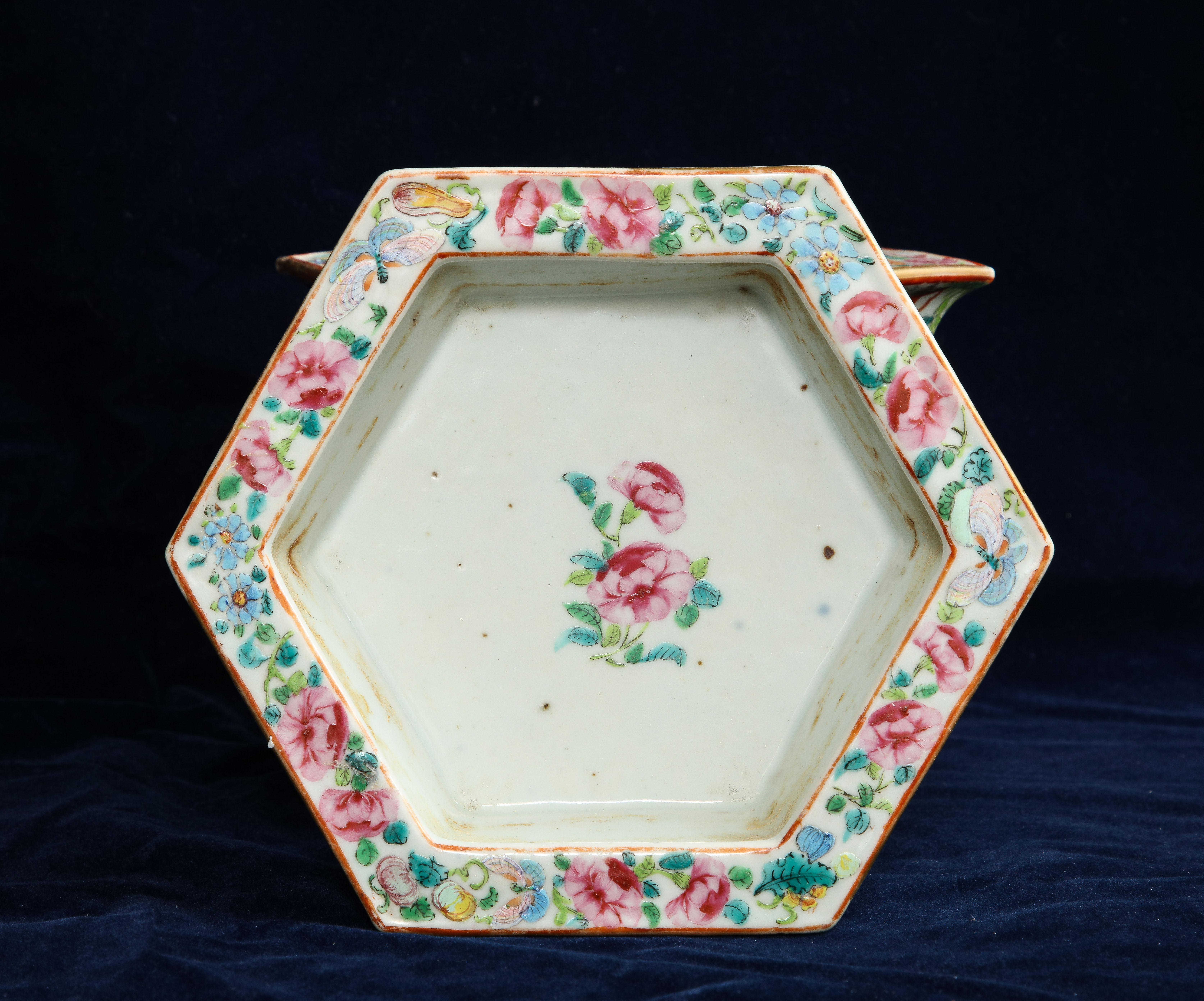 Porcelain Pair of 19th Century Chinese Rose Medallion Hexagonal Planters with Stands
