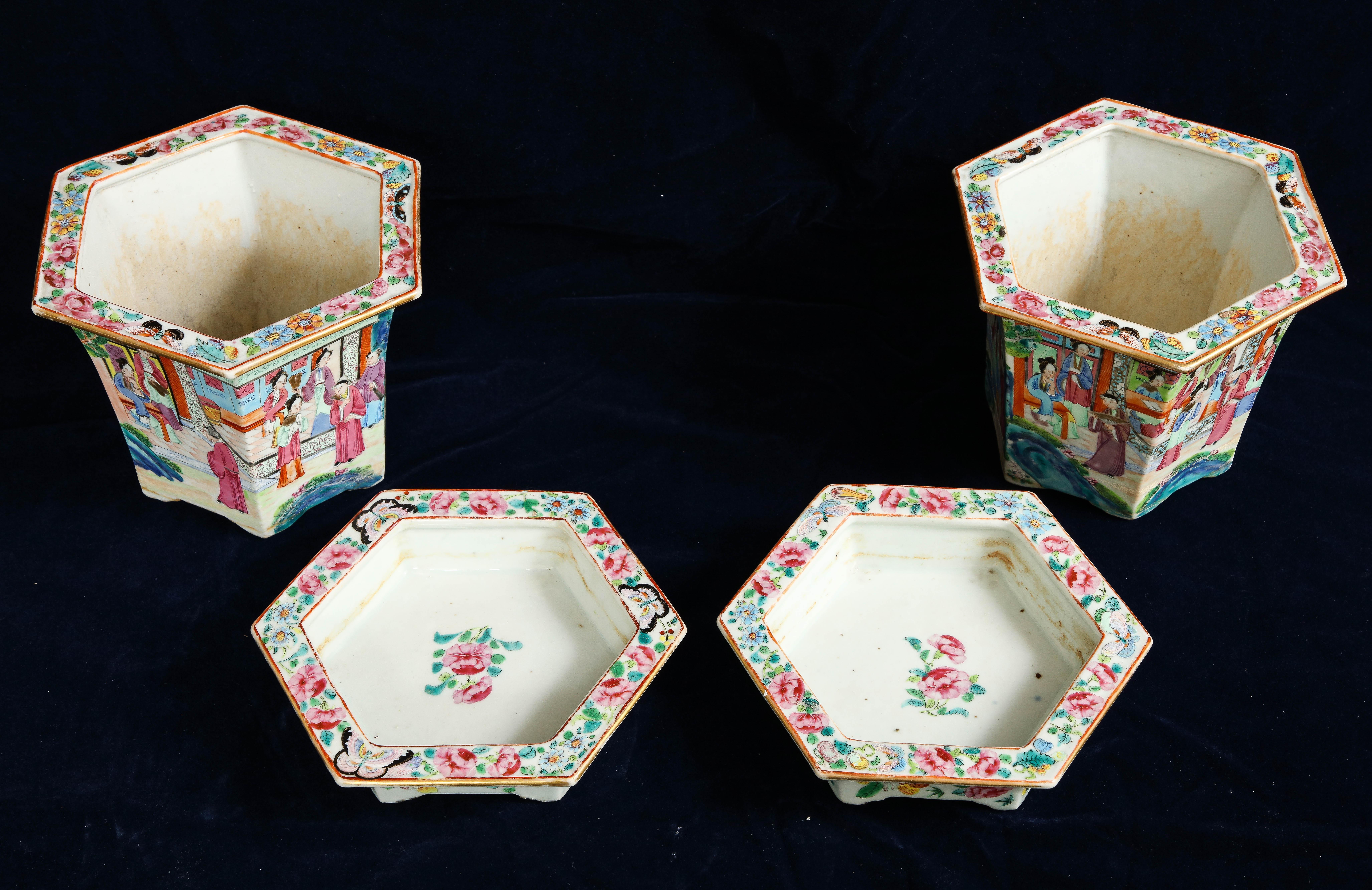 Pair of 19th Century Chinese Rose Medallion Hexagonal Planters with Stands 1