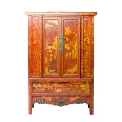 Pair of 19th Century Chinese Wardrobe, Chinoiserie Lacquered Red