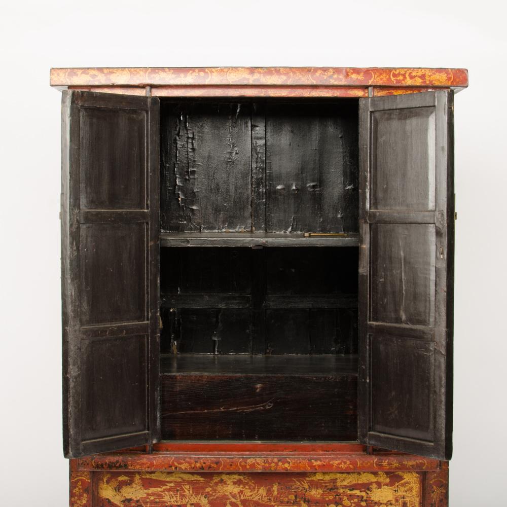 Pair of 19th Century Chinese Wardrobe, Chinoiserie Lacquered Red In Good Condition In Philadelphia, PA