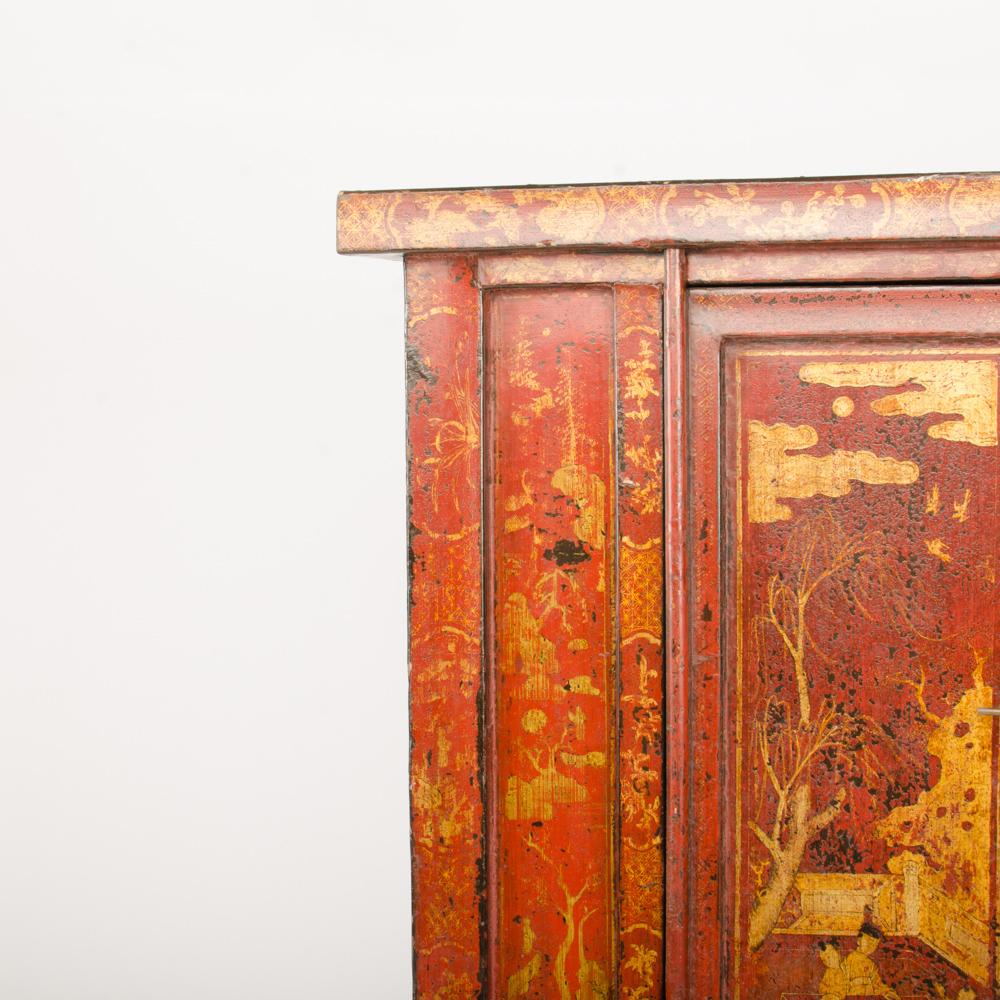 Pair of 19th Century Chinese Wardrobe, Chinoiserie Lacquered Red 1