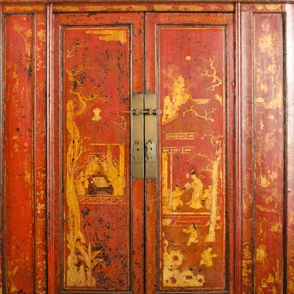 Pair of 19th Century Chinese Wardrobe, Chinoiserie Lacquered Red 2