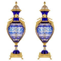 Pair of 19-20th Century Cobalt Blue Crystal Vase Empire Style