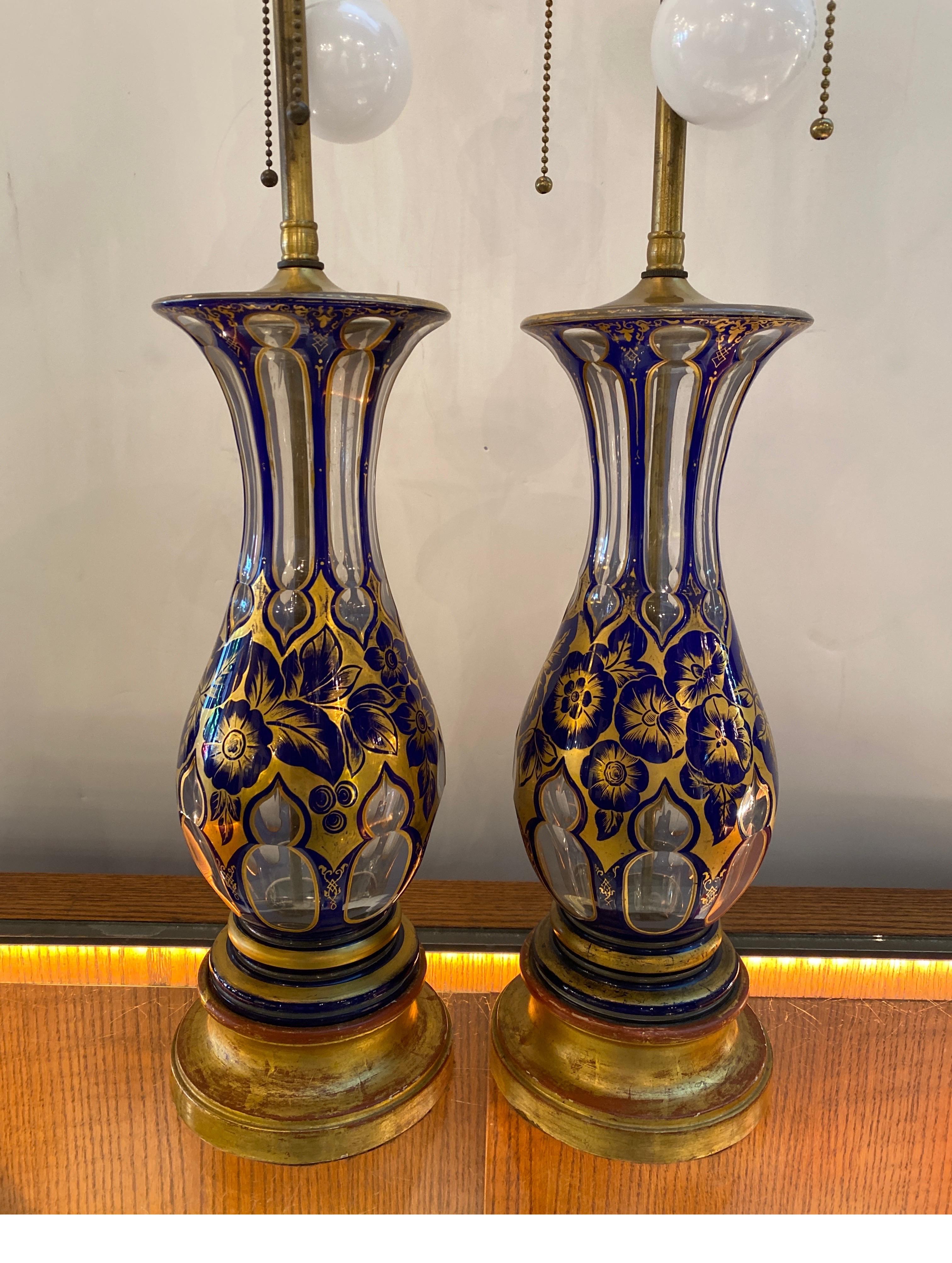 A Pair of 19th Century Cobalt Cut to Clear Heavily Gilt Lamps 4