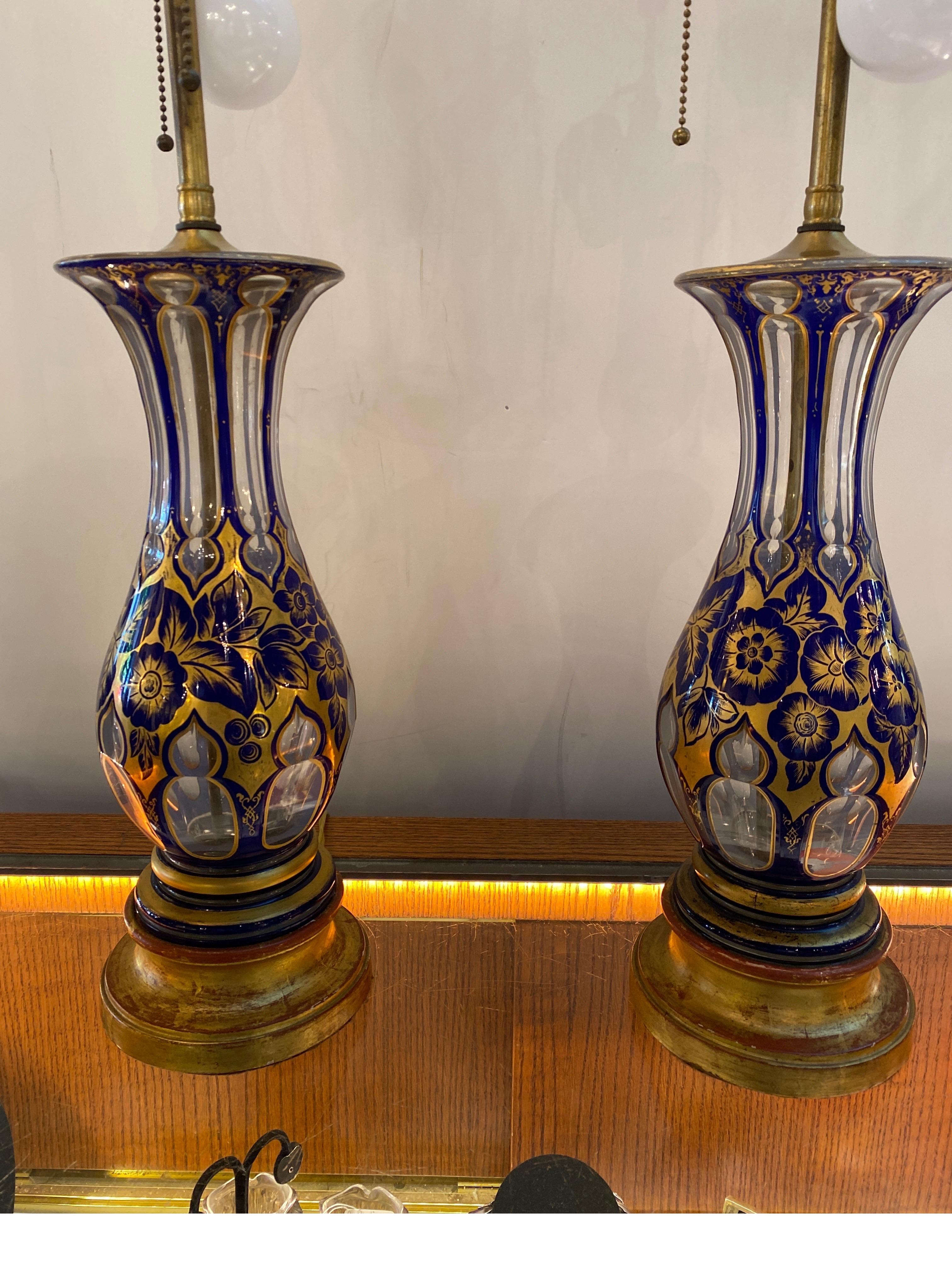 Victorian A Pair of 19th Century Cobalt Cut to Clear Heavily Gilt Lamps