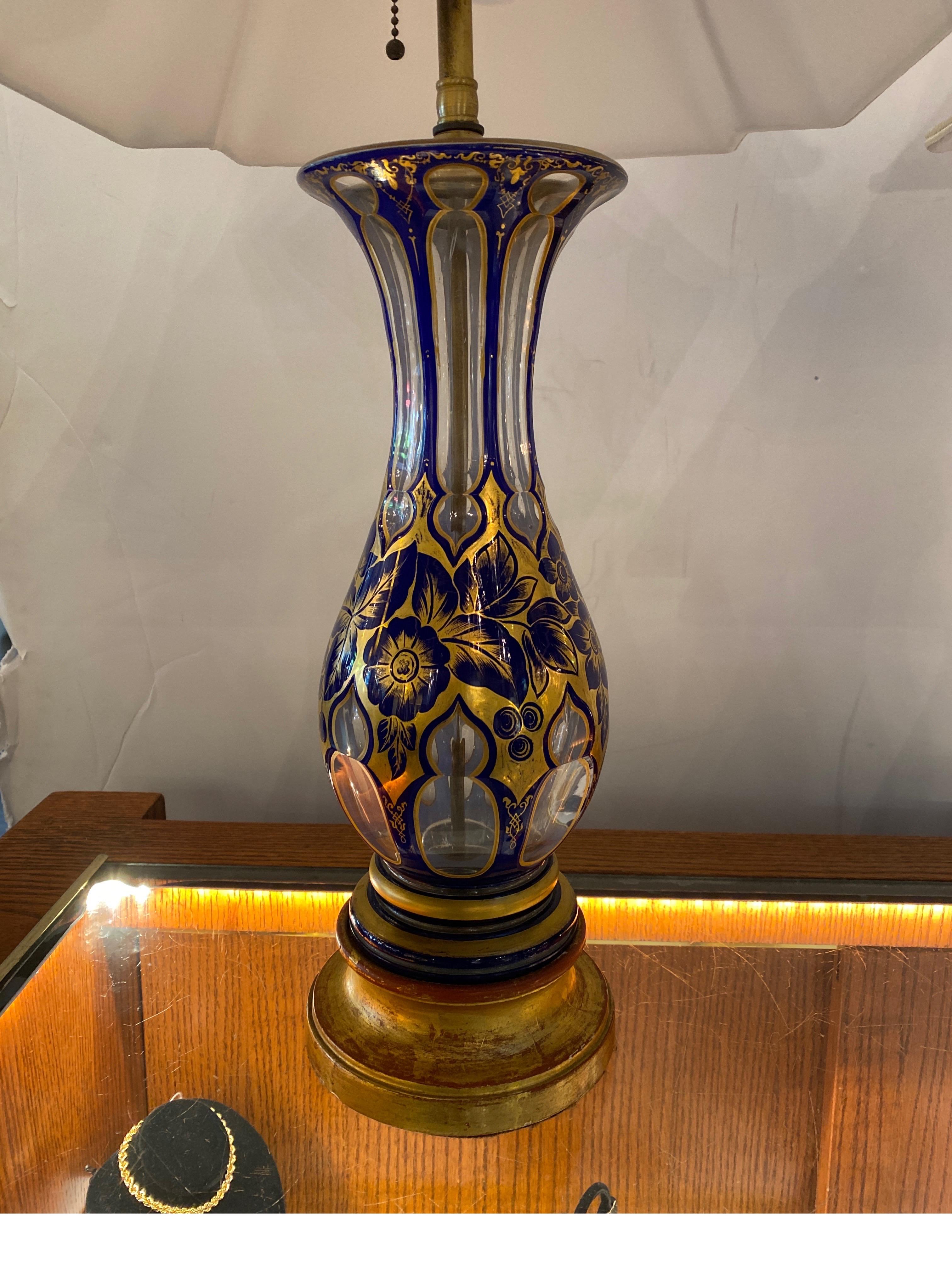 Czech A Pair of 19th Century Cobalt Cut to Clear Heavily Gilt Lamps