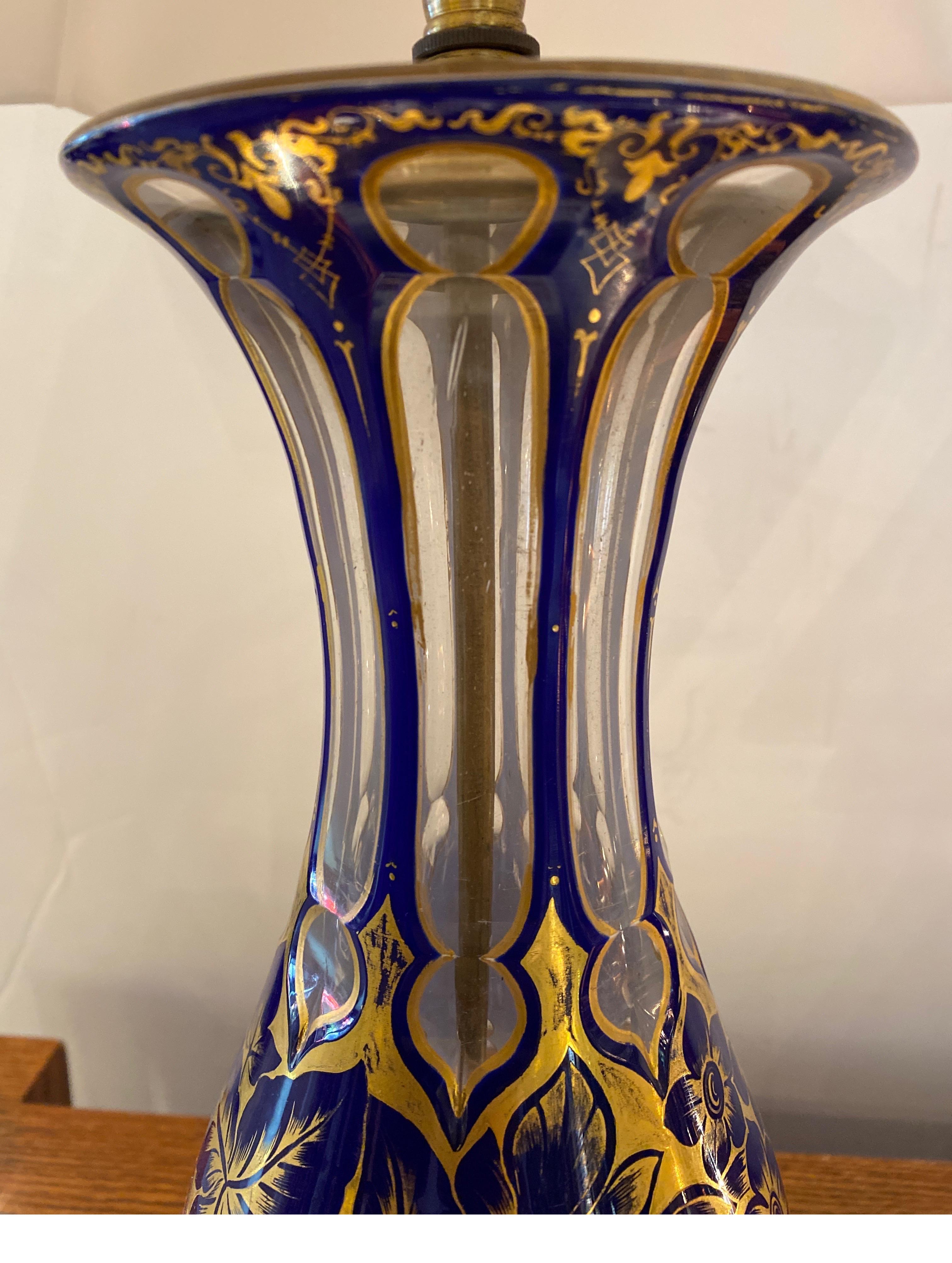 Late 19th Century A Pair of 19th Century Cobalt Cut to Clear Heavily Gilt Lamps