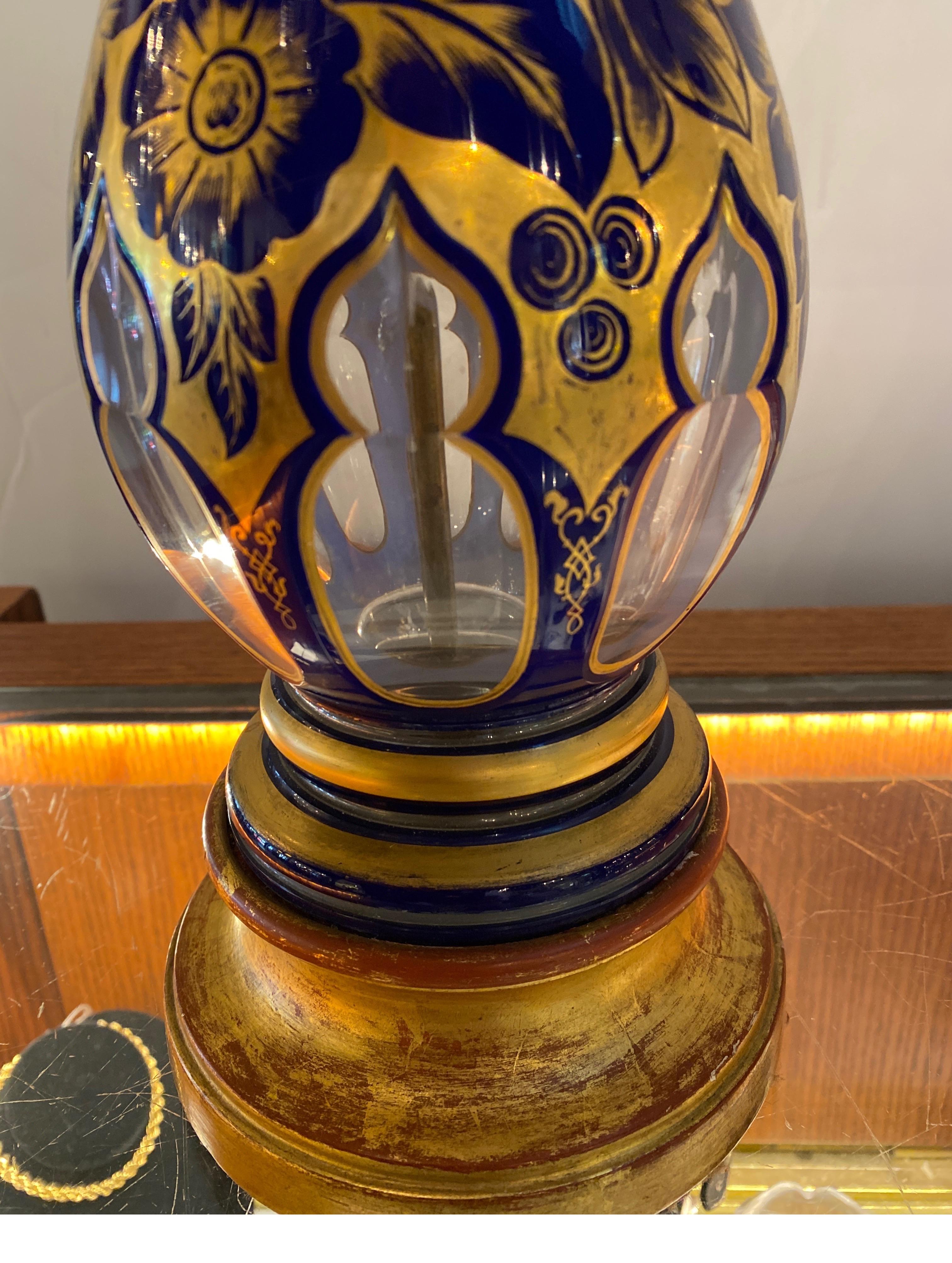 Cut Glass A Pair of 19th Century Cobalt Cut to Clear Heavily Gilt Lamps