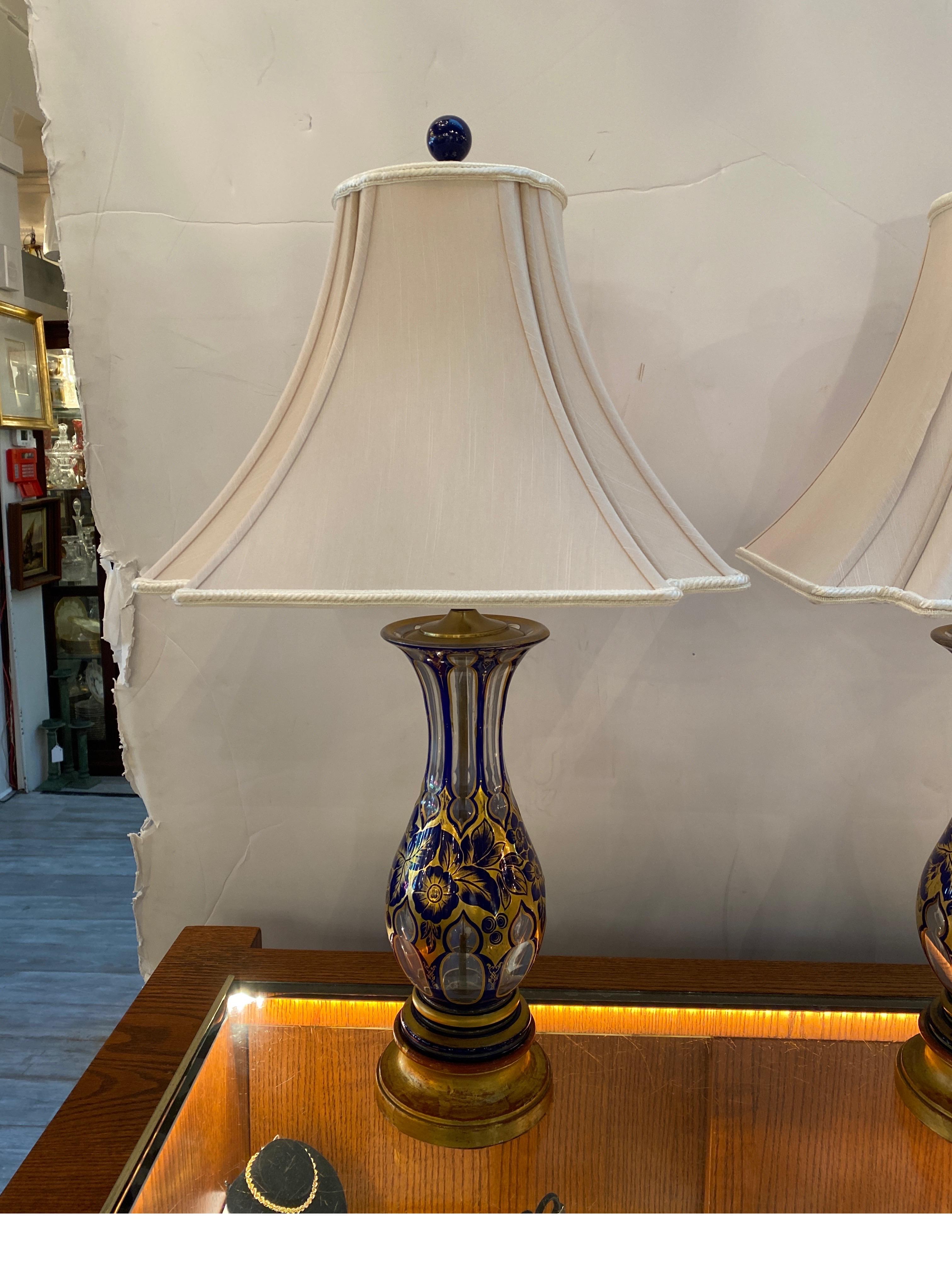A Pair of 19th Century Cobalt Cut to Clear Heavily Gilt Lamps 1